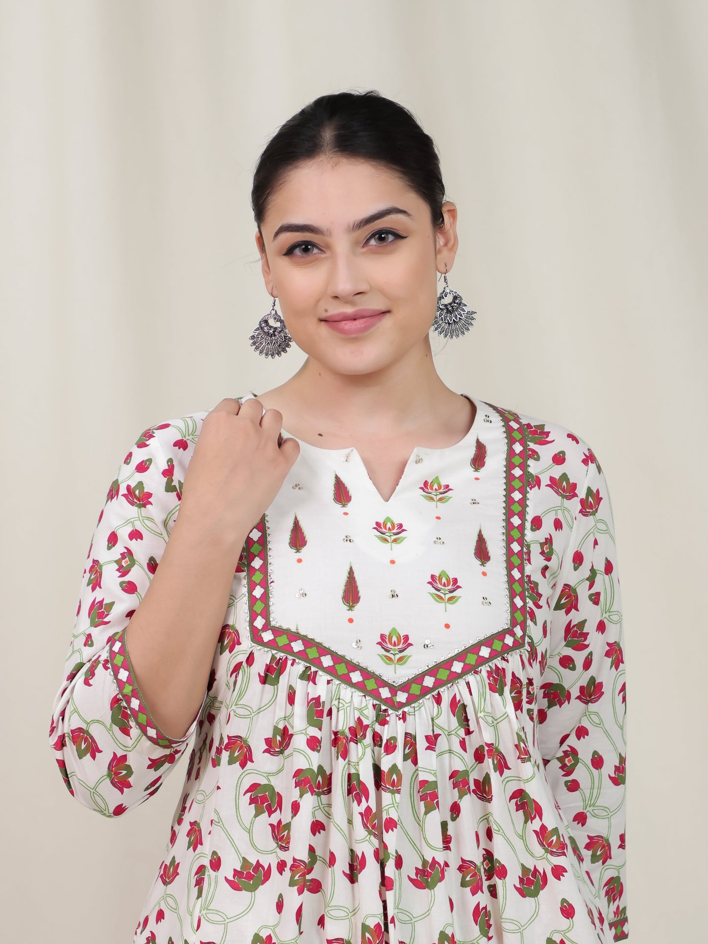 Soft Cotton Floral Flared Off White Kurta