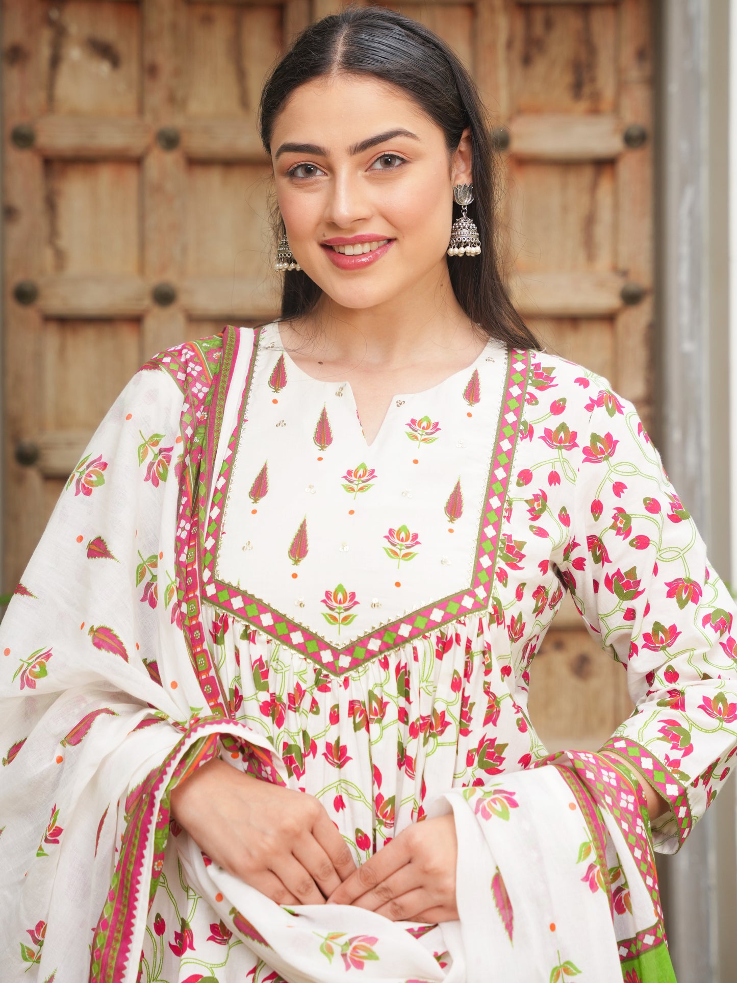 Soft Cotton Floral Flared Off White Kurta