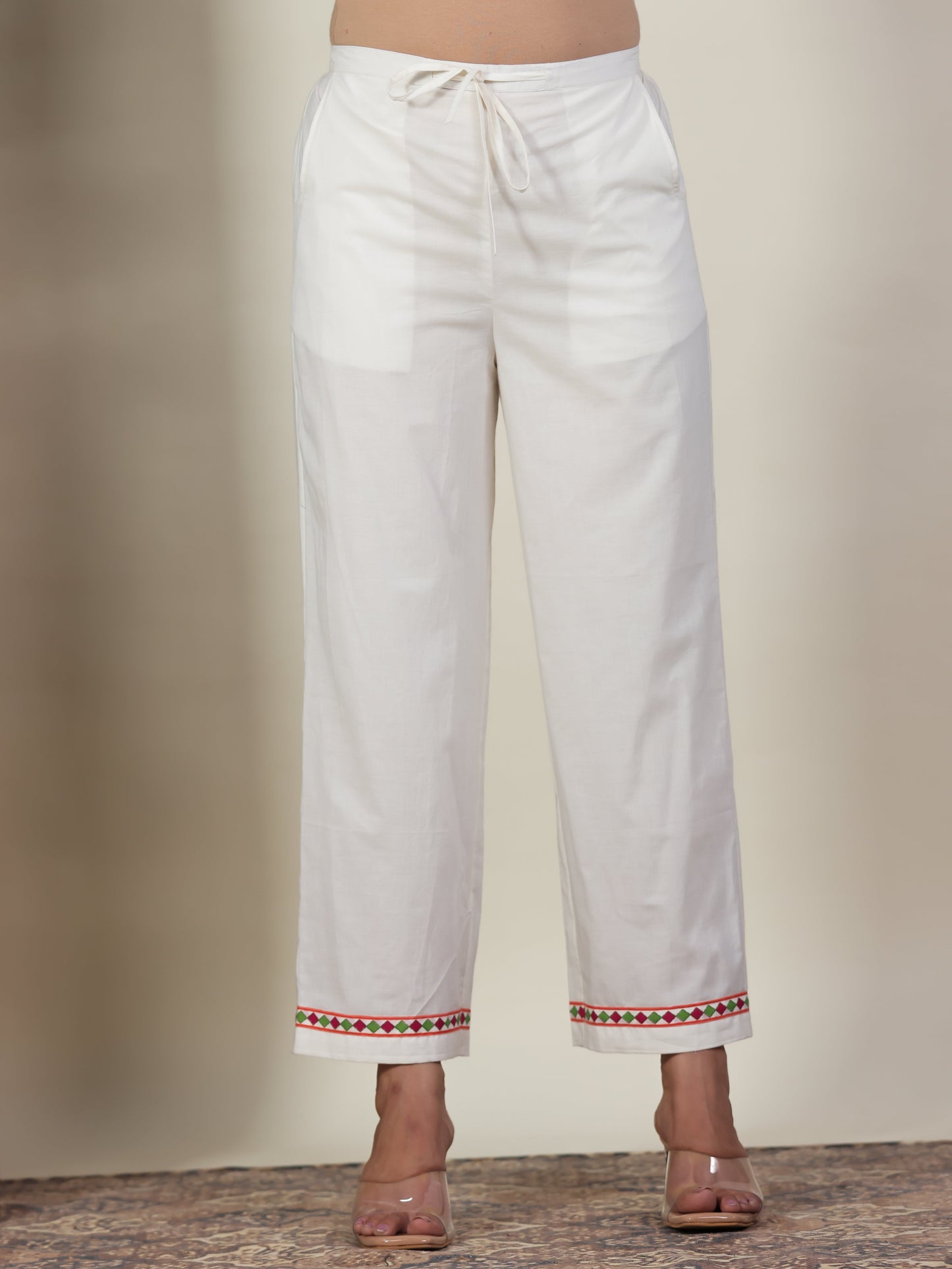 Soft Cotton Solid Off White Straight Straight Trousers