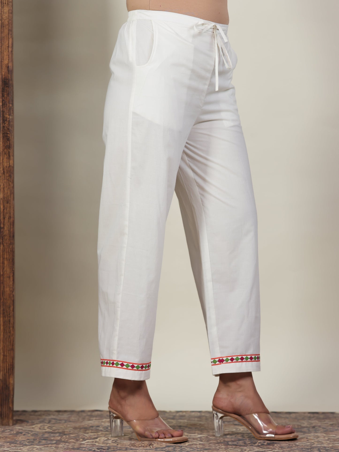 Soft Cotton Solid Off White Straight Straight Trousers