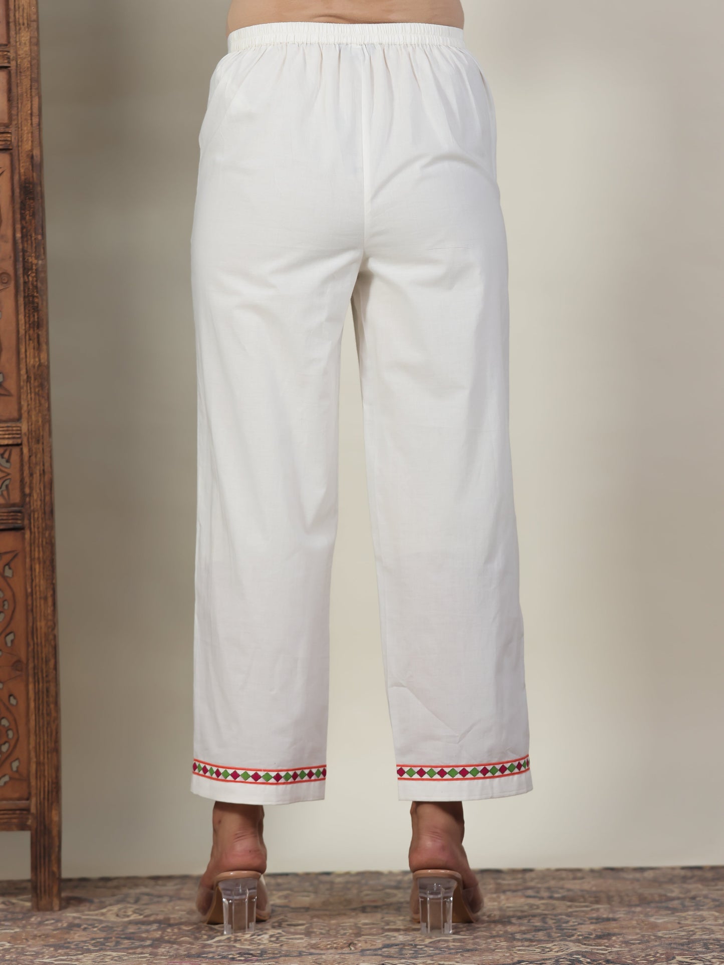 Soft Cotton Solid Off White Straight Straight Trousers