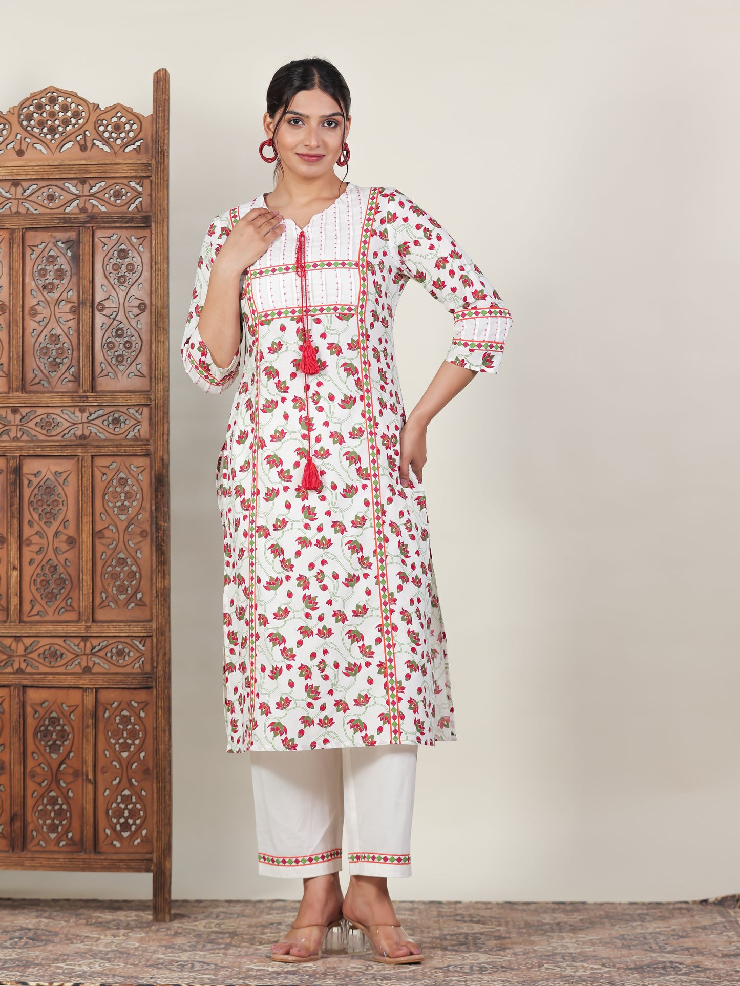 Soft Cotton Floral A-line Off White Kurta