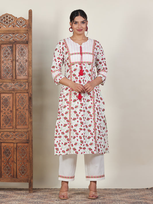 Soft Cotton Floral A-line Off White Kurta