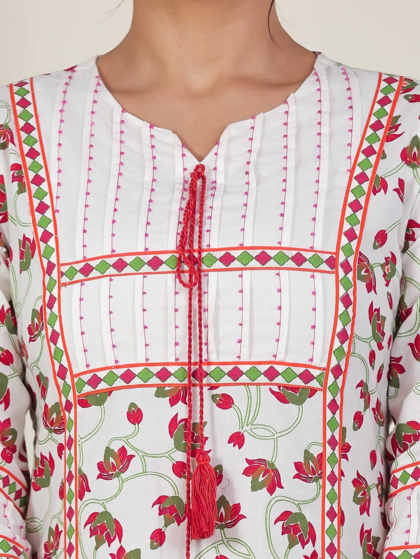 Soft Cotton Floral A-line Off White Kurta