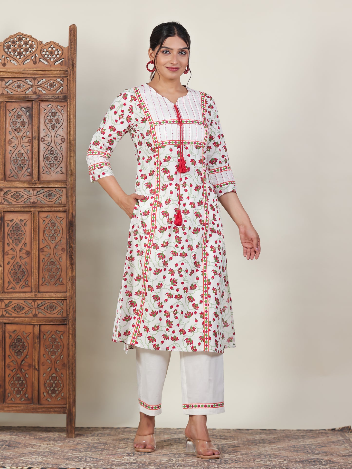Soft Cotton Floral A-line Off White Kurta