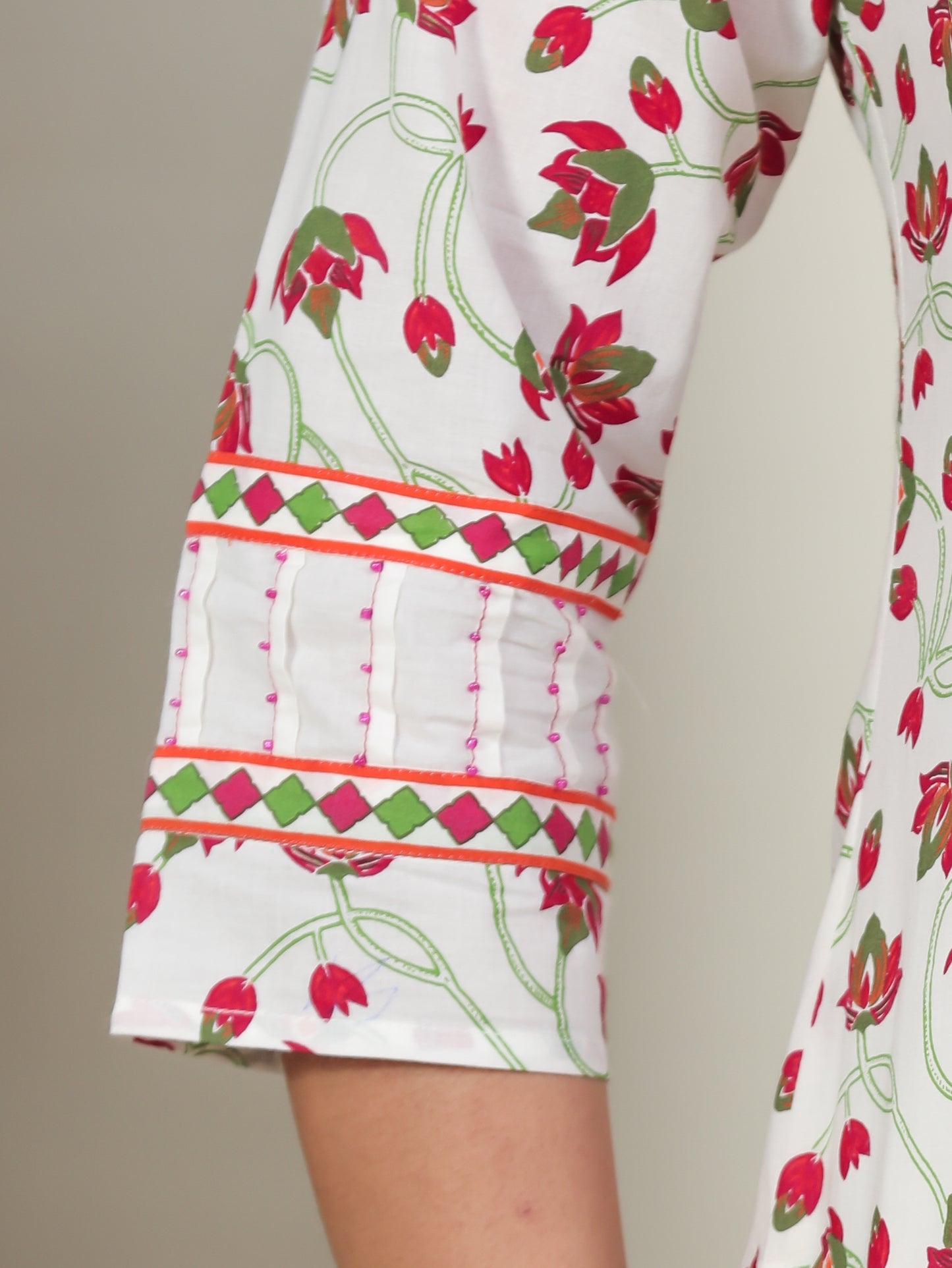 Soft Cotton Floral A-line Off White Kurta