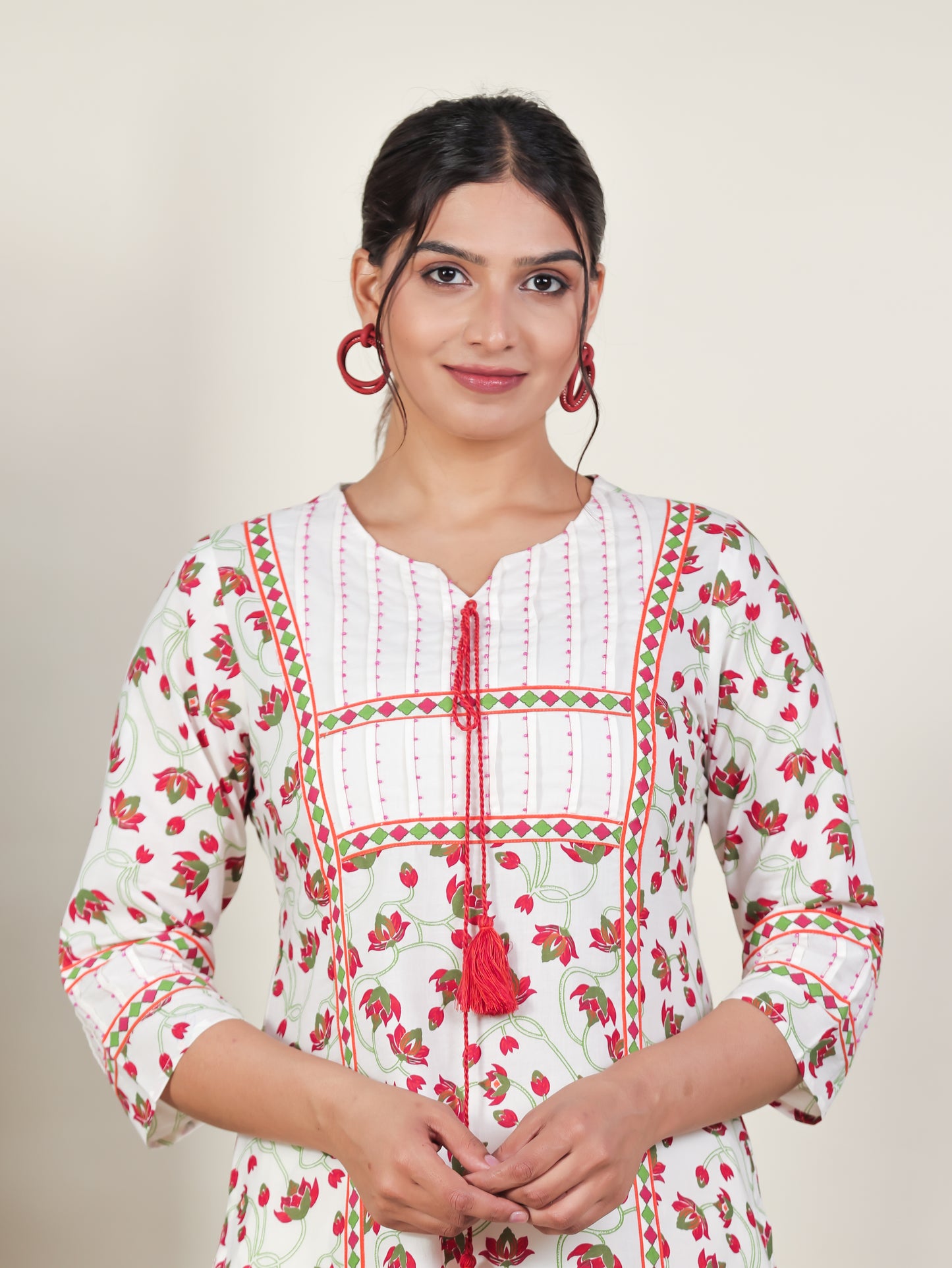 Soft Cotton Floral A-line Off White Kurta