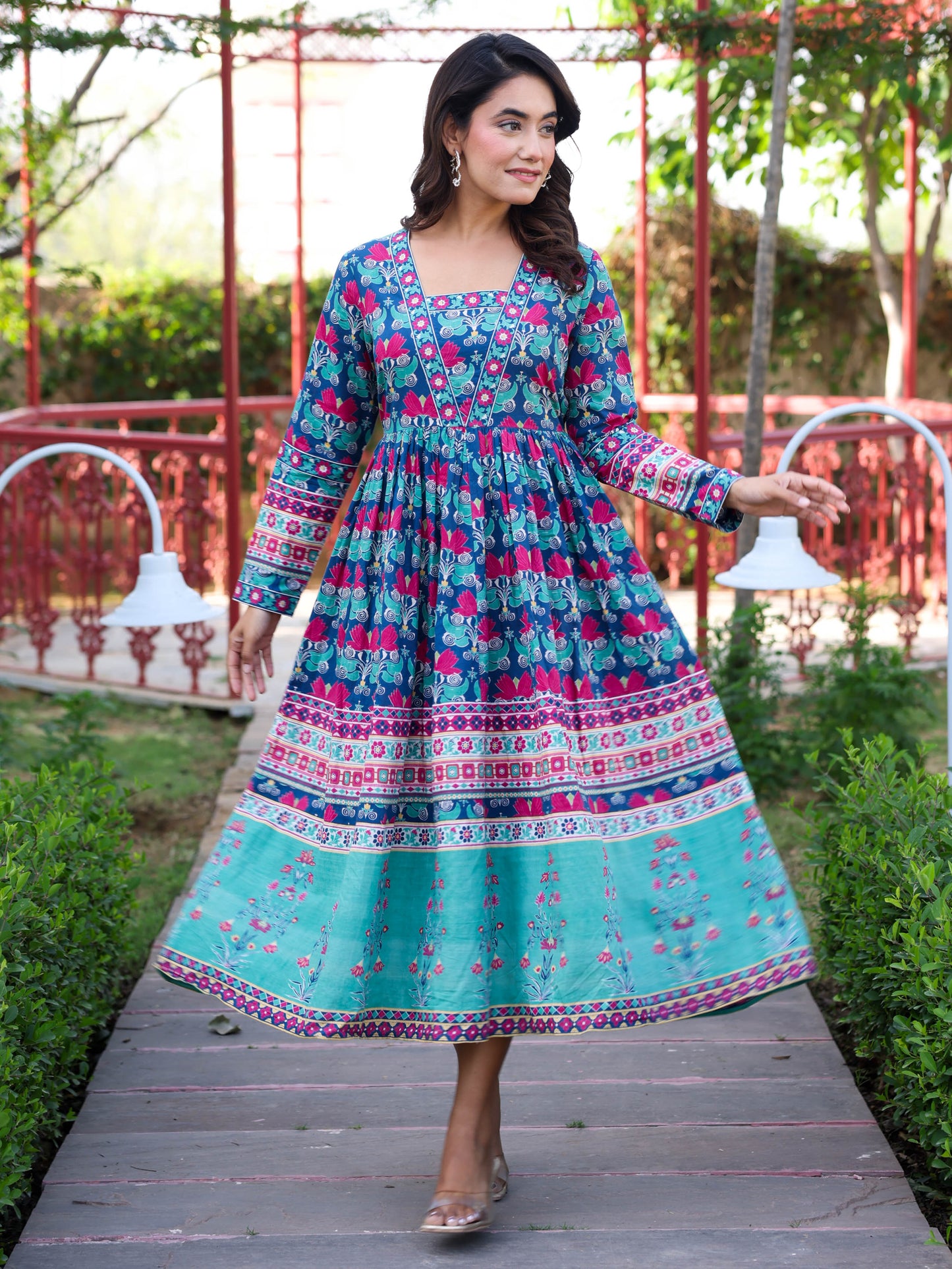 Soft Cotton Floral Anarkali Blue Dress