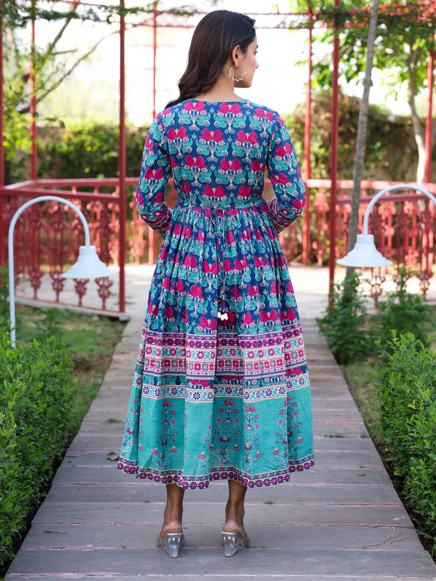 Soft Cotton Floral Anarkali Blue Dress