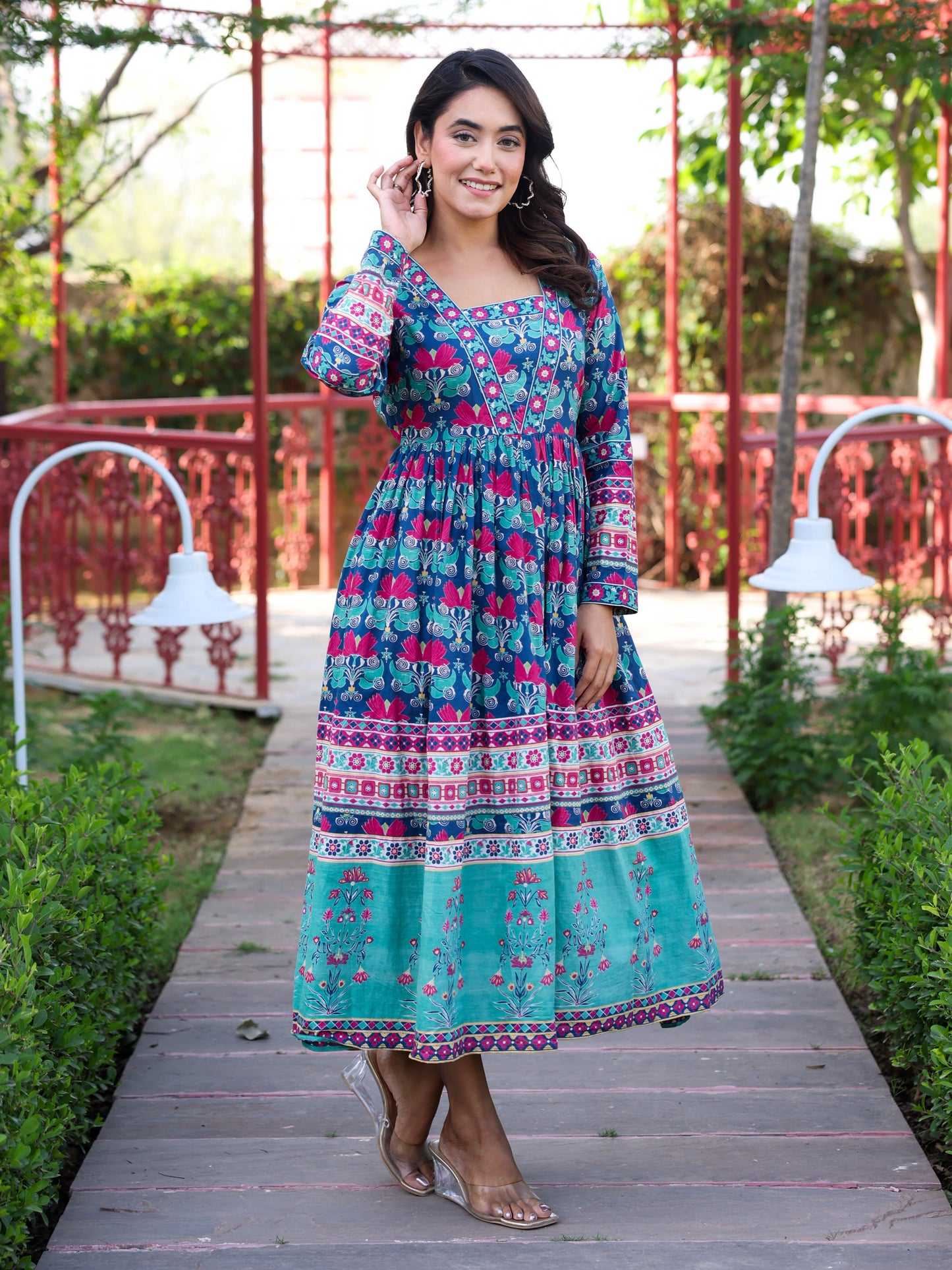 Soft Cotton Floral Anarkali Blue Dress