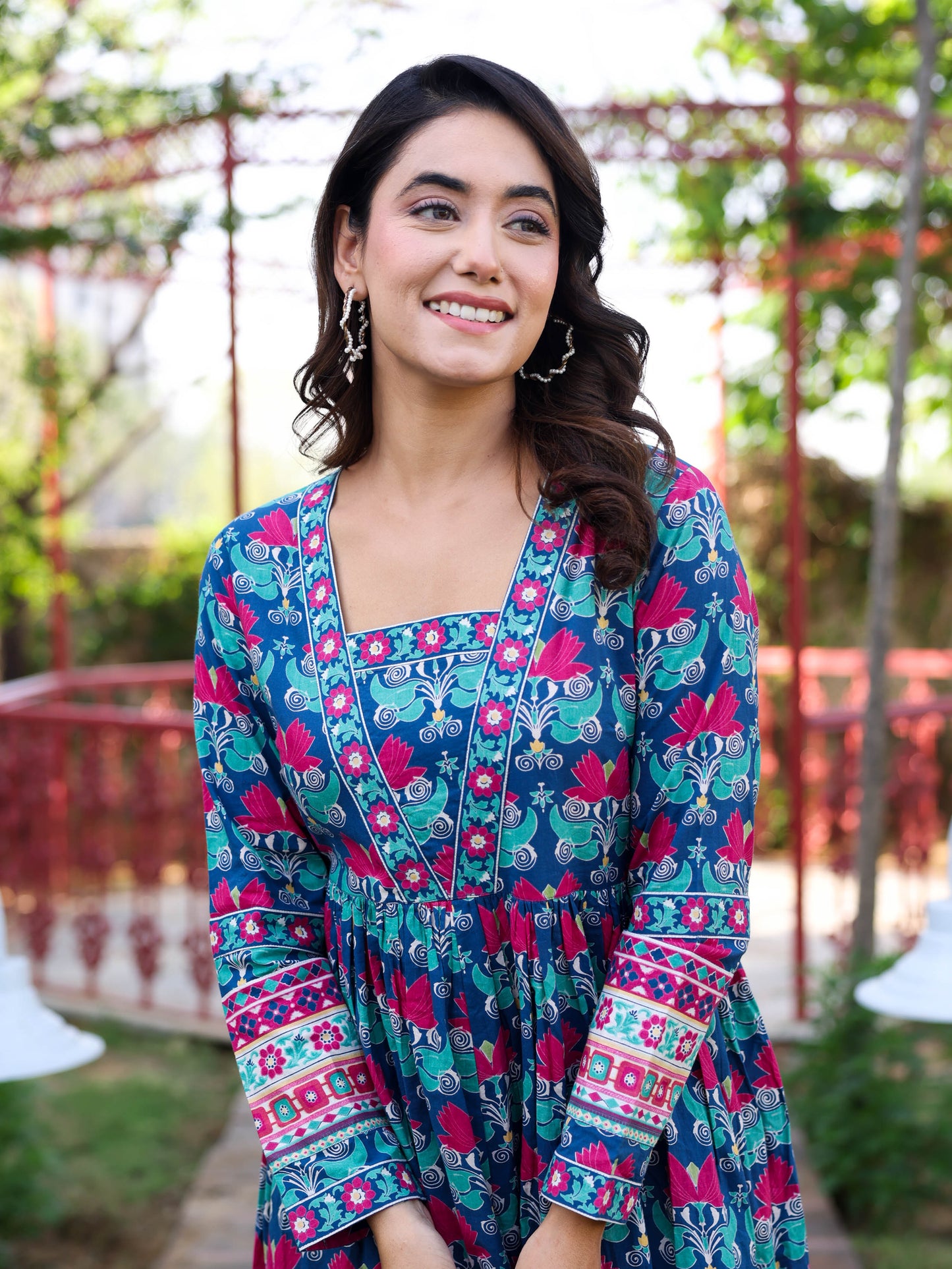 Soft Cotton Floral Anarkali Blue Dress