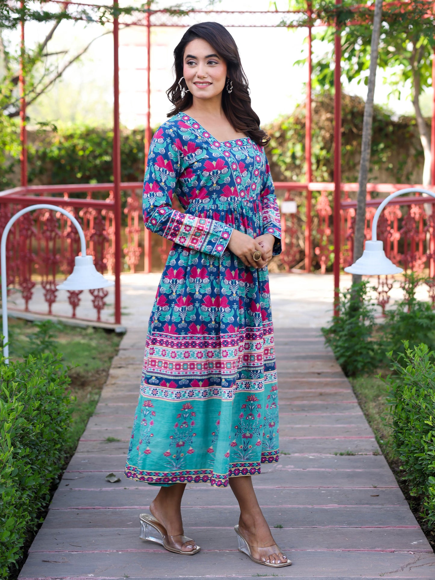 Soft Cotton Floral Anarkali Blue Dress