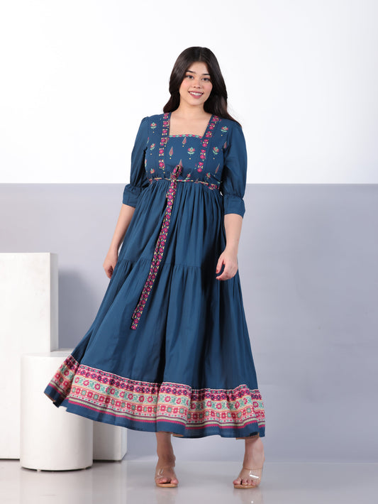 Soft Cotton Solid Anarkali Teal Dress