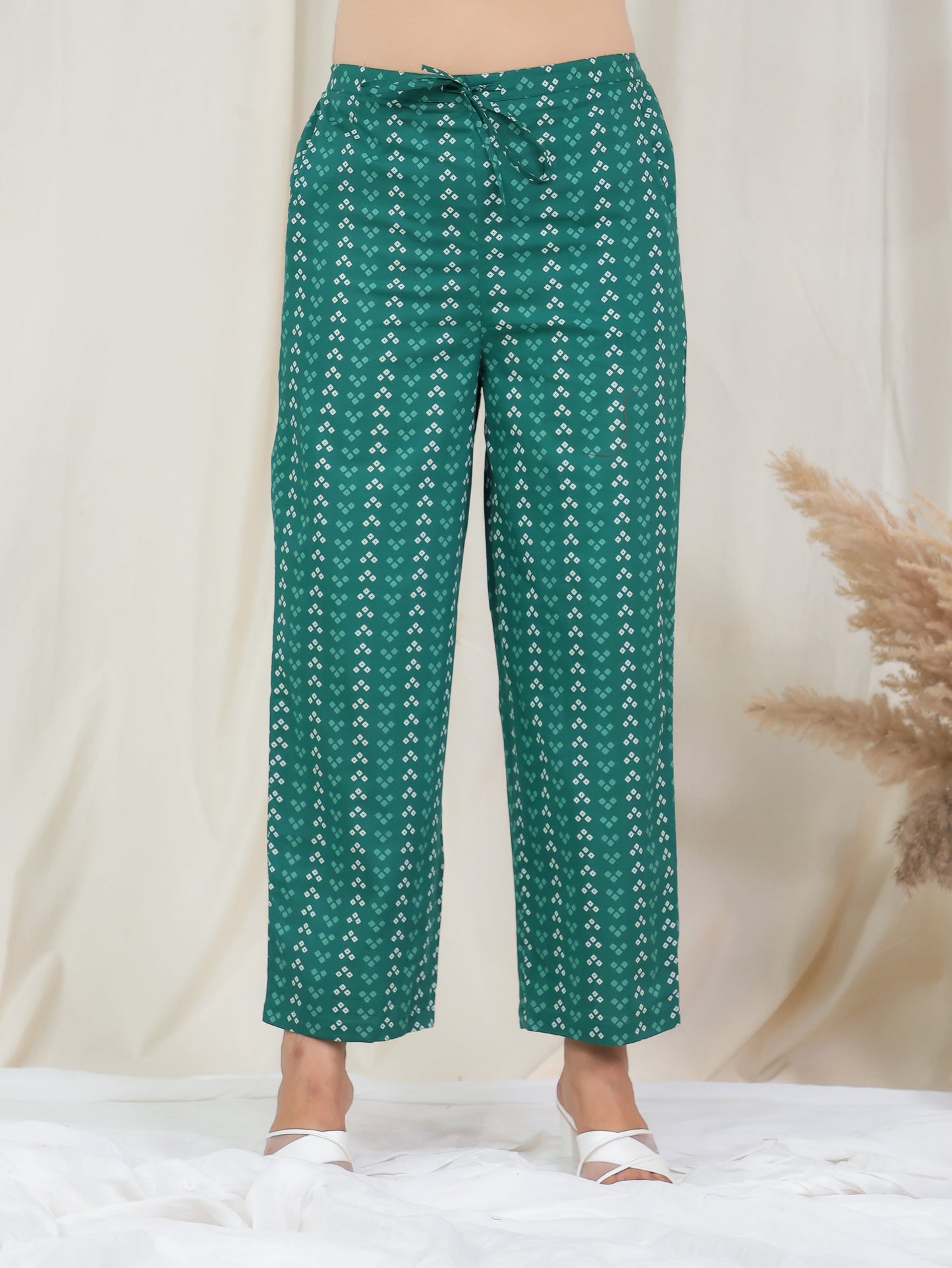 Soft Cotton Bandhani Green Straight Trousers