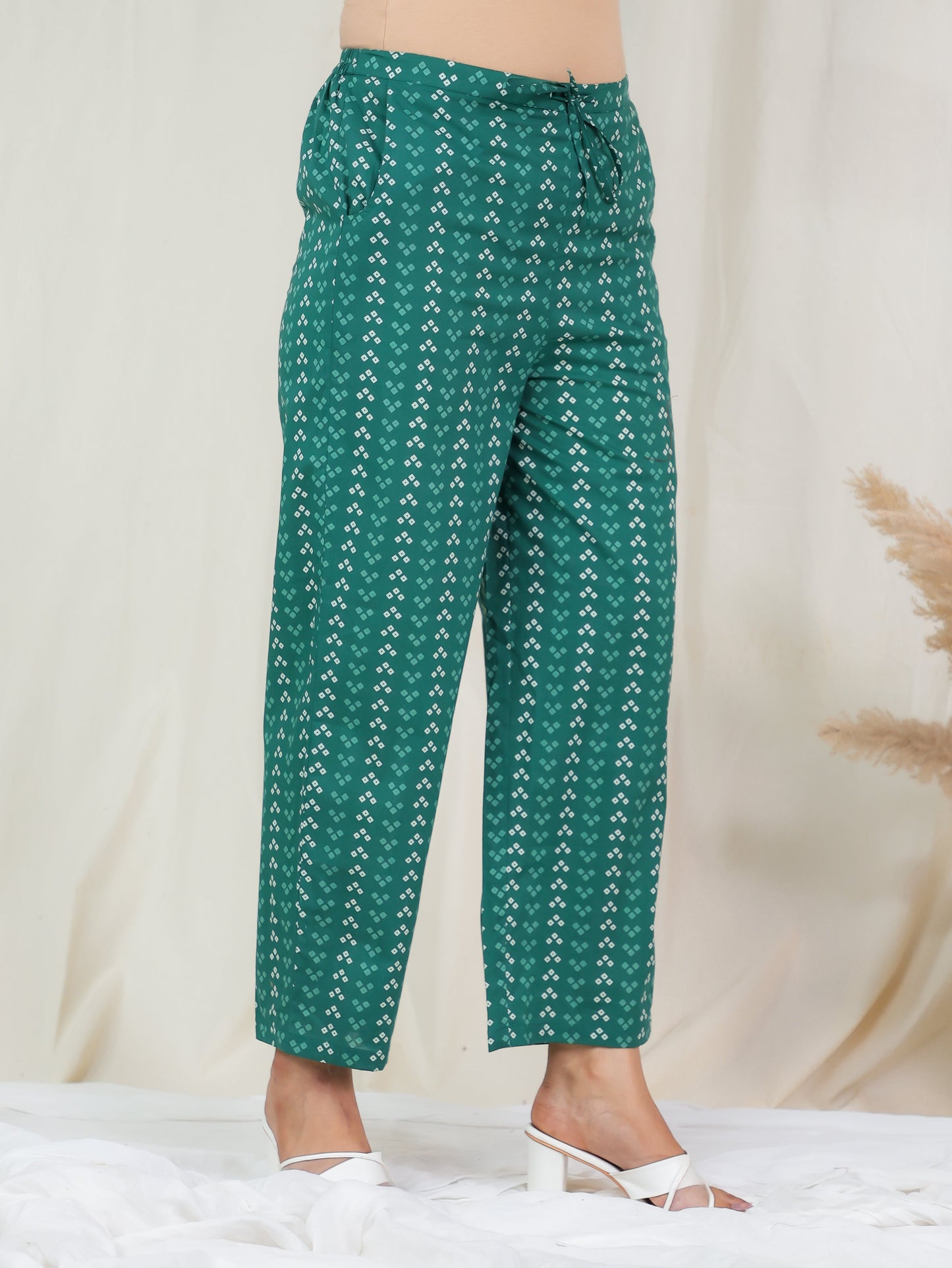 Soft Cotton Bandhani Green Straight Trousers
