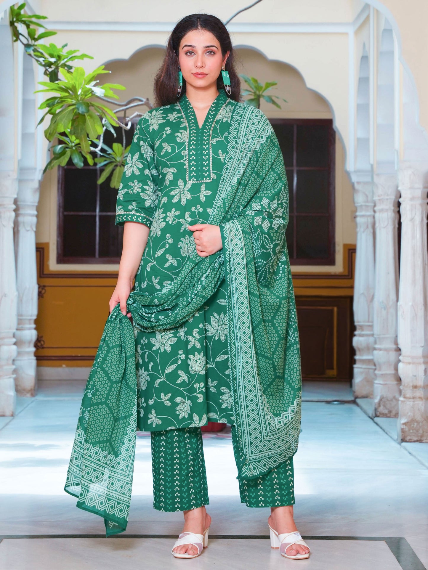 Soft Cotton Bandhani A-line Green Kurta