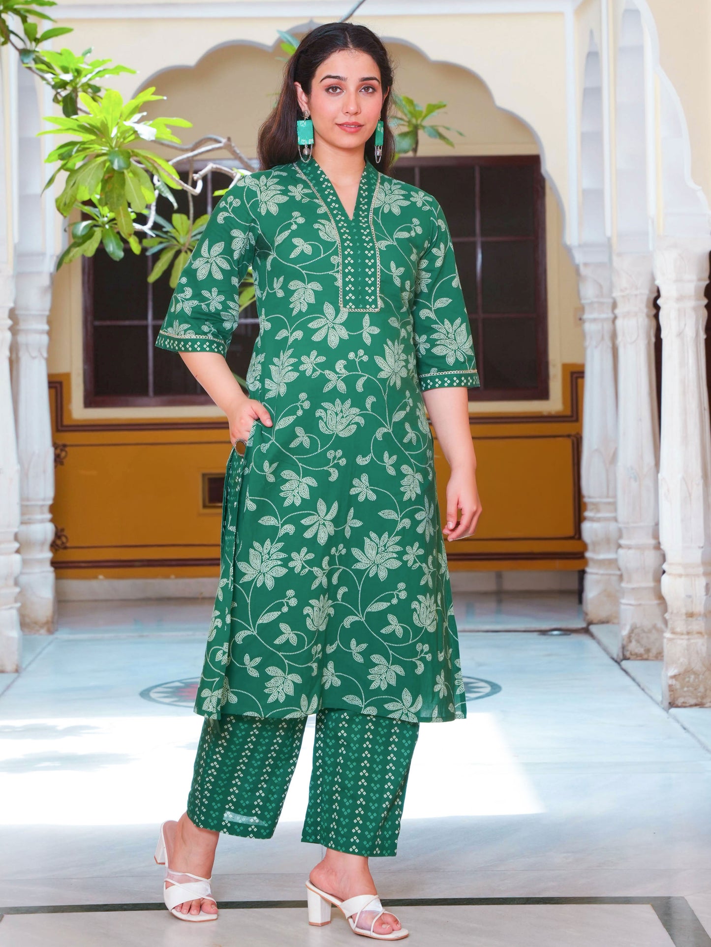 Soft Cotton Bandhani A-line Green Kurta