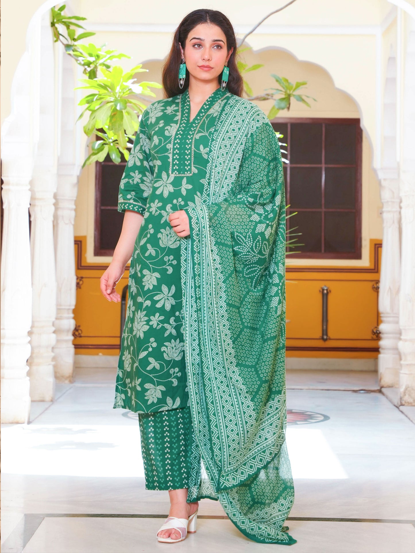 Soft Cotton Bandhani A-line Green Kurta