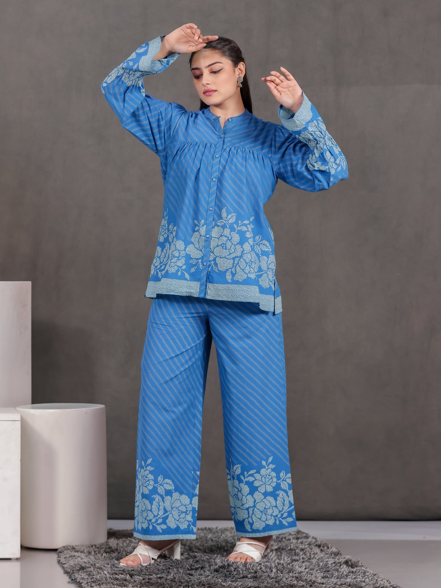 Soft Cotton Placement Print Straight Blue Kurta