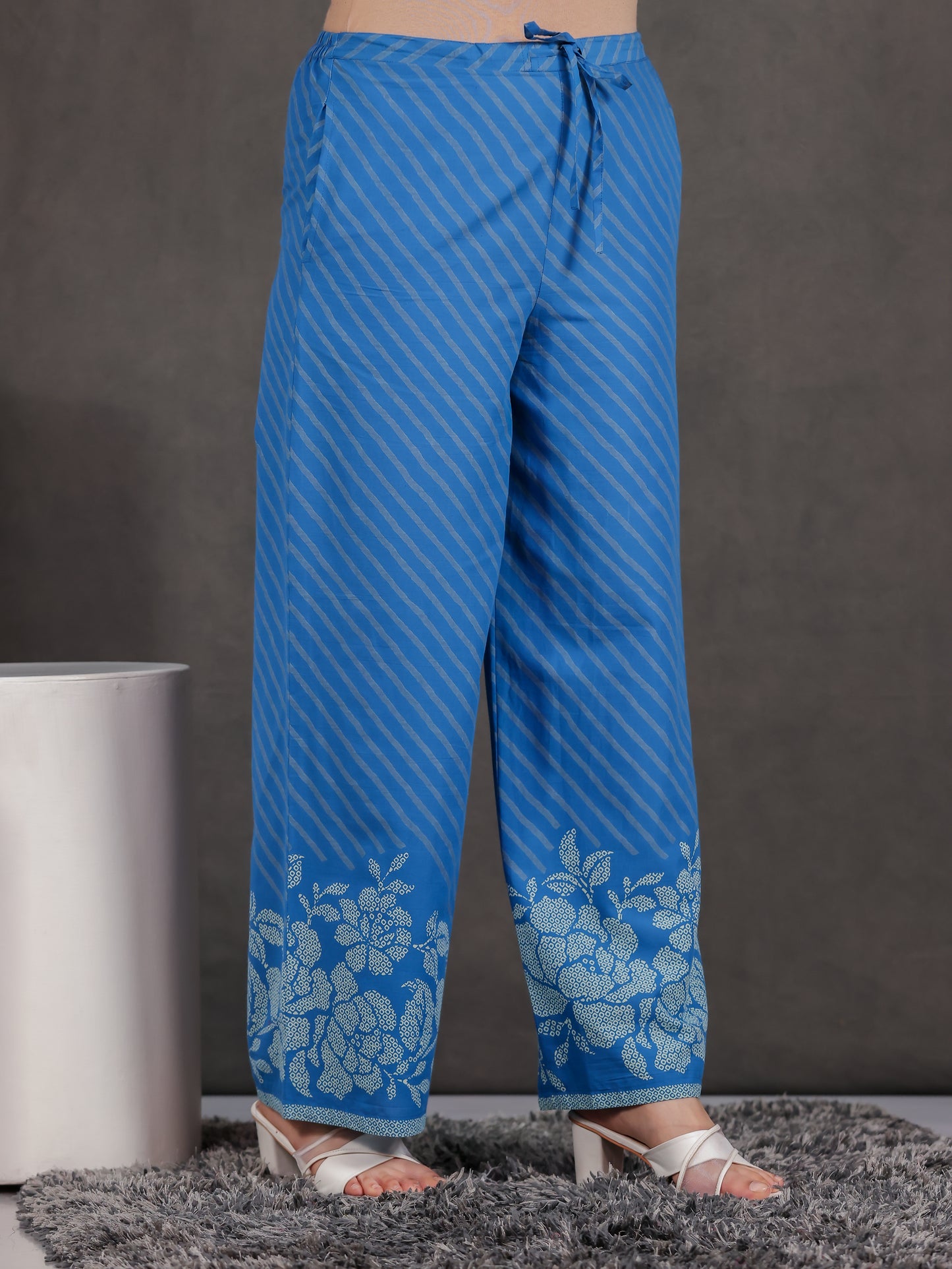 Soft Cotton Placement Print Straight Blue Kurta