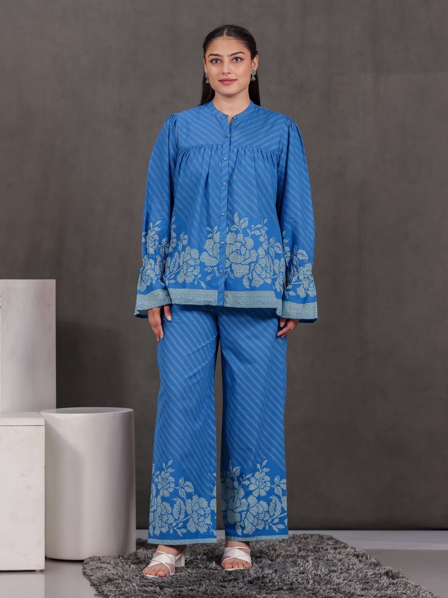 Soft Cotton Placement Print Straight Blue Kurta