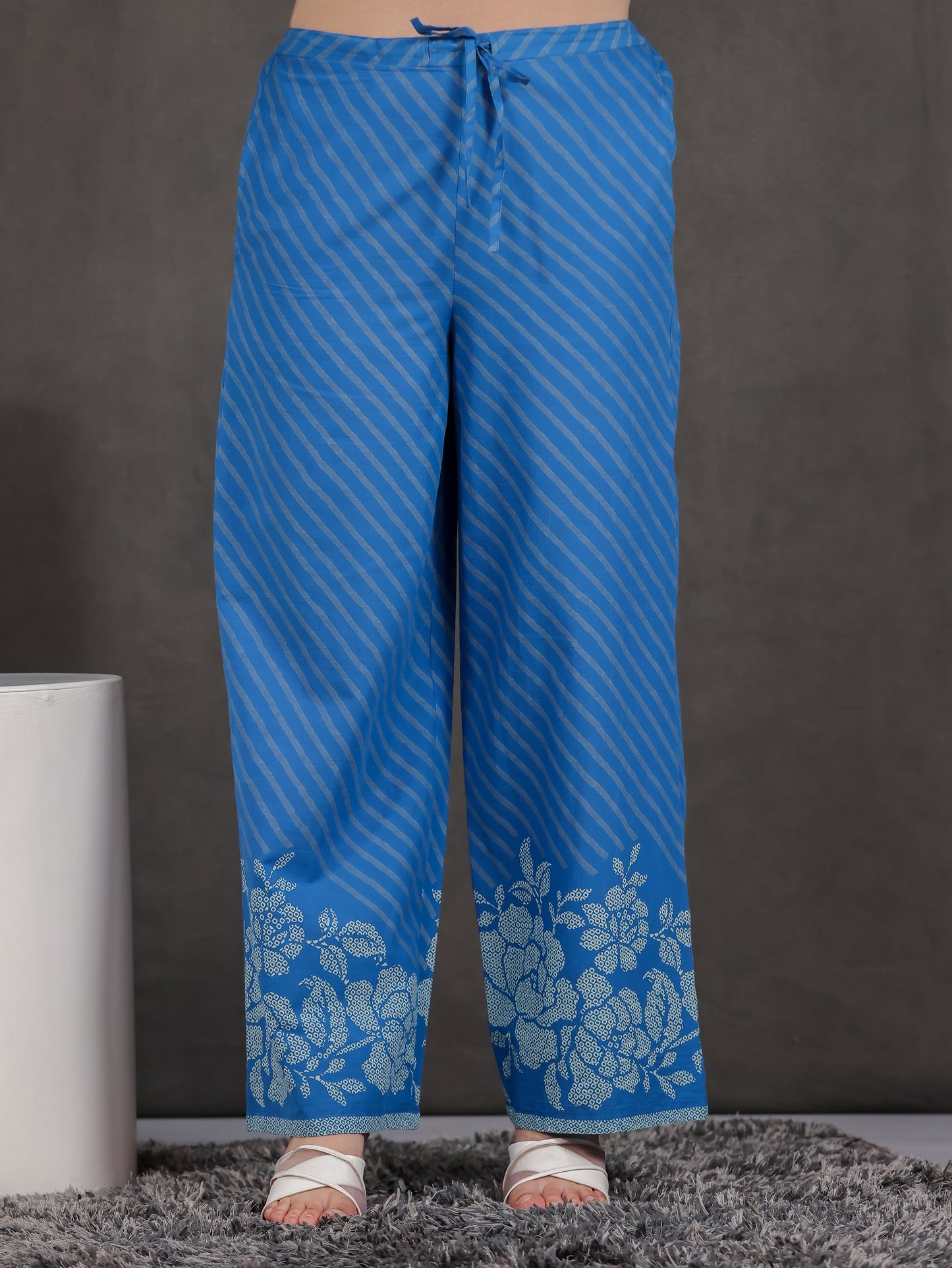 Soft Cotton Placement Print Straight Blue Kurta