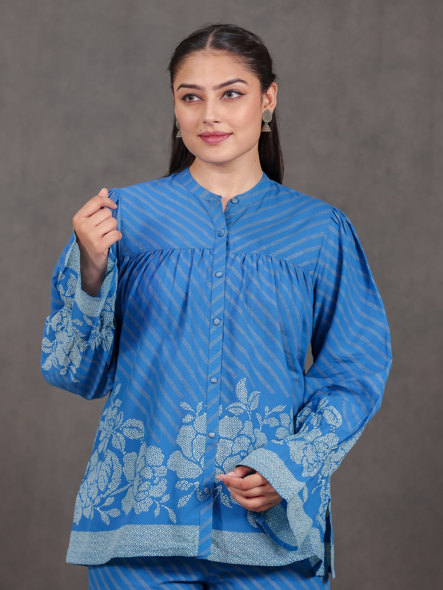 Soft Cotton Placement Print Straight Blue Kurta