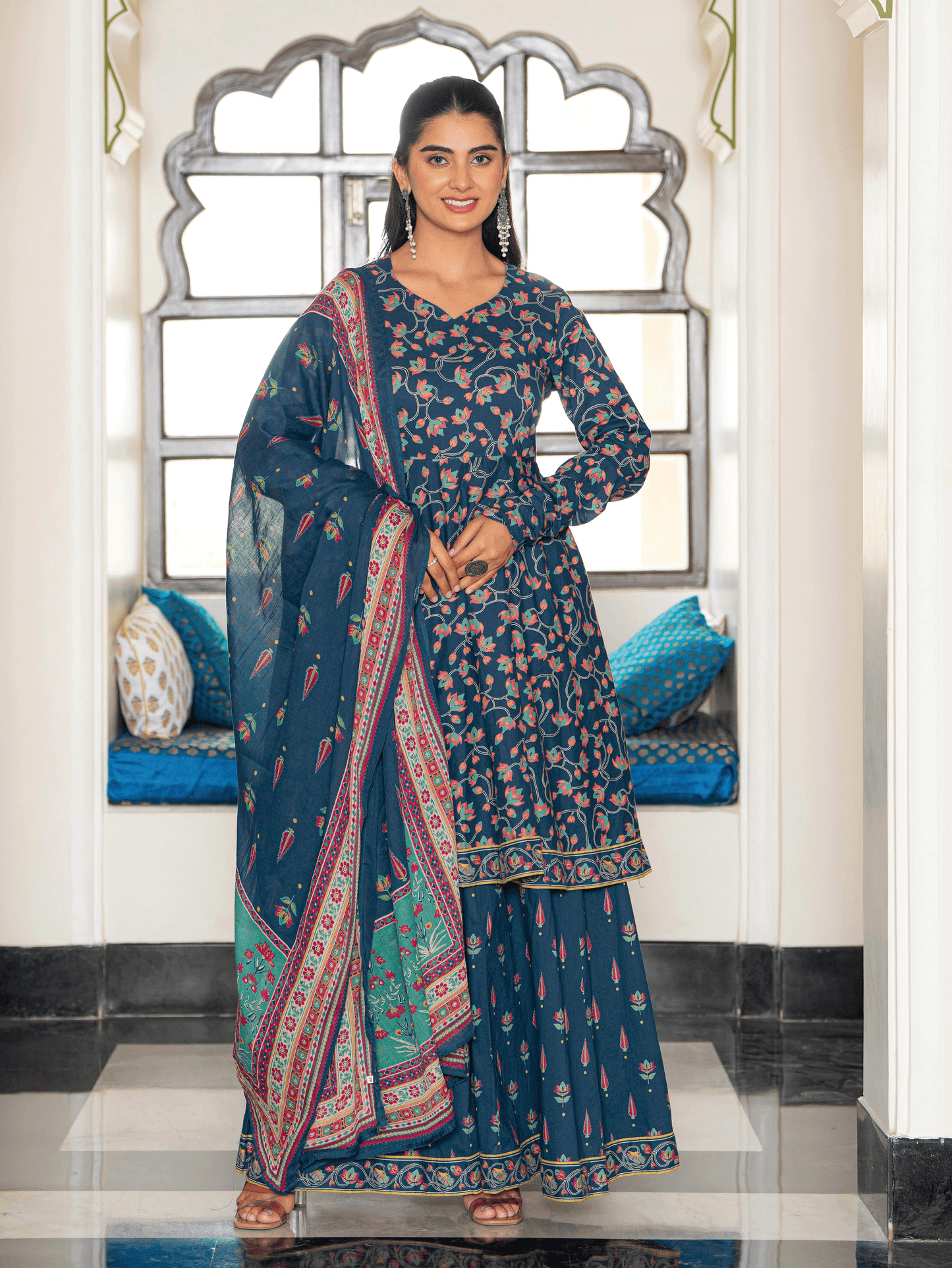 Cotton Voile Floral Blue Dupatta
