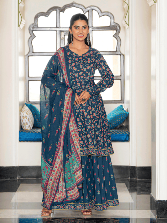 Cotton Voile Floral Blue Dupatta
