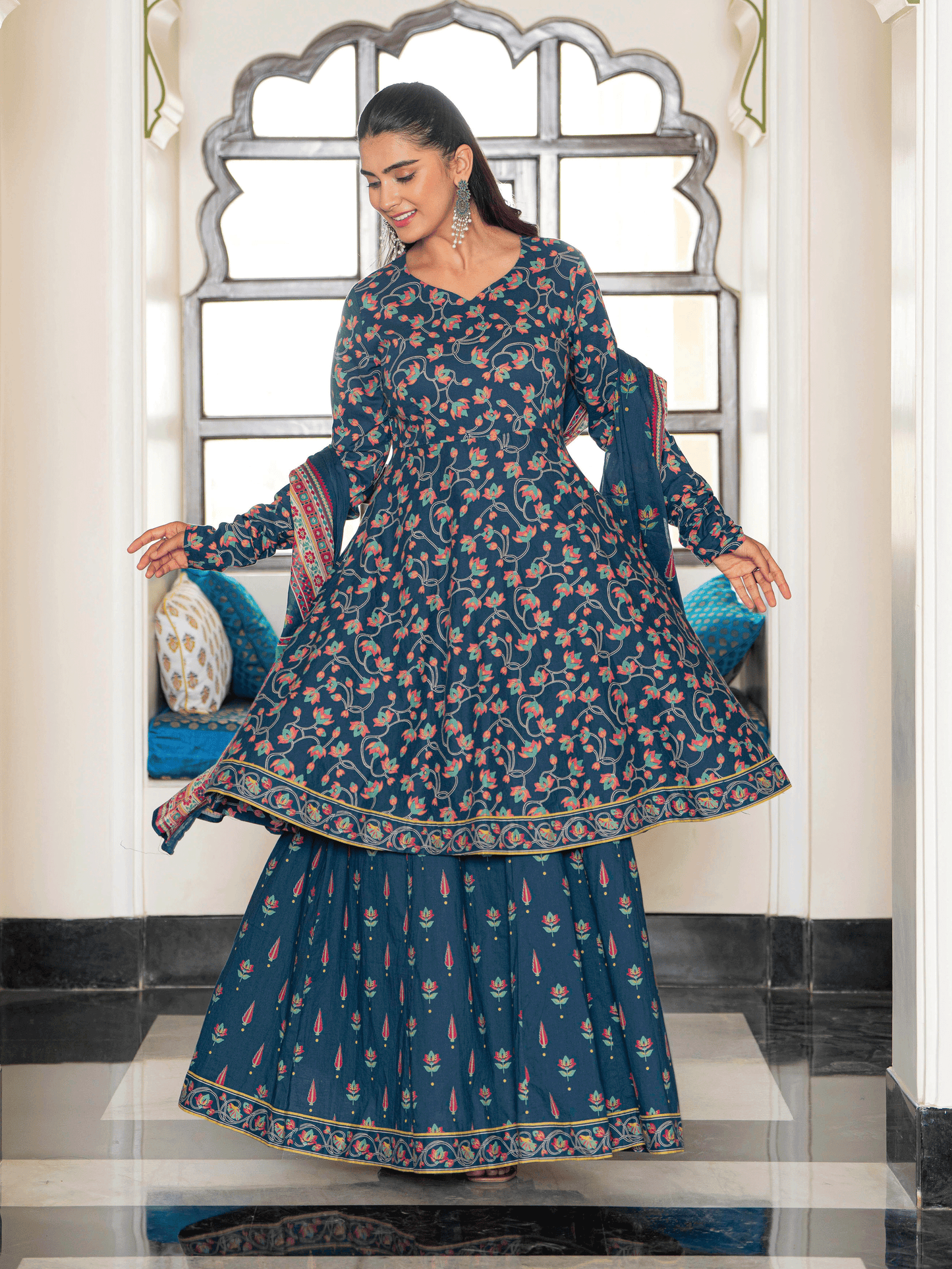Cotton Voile Floral Blue Dupatta