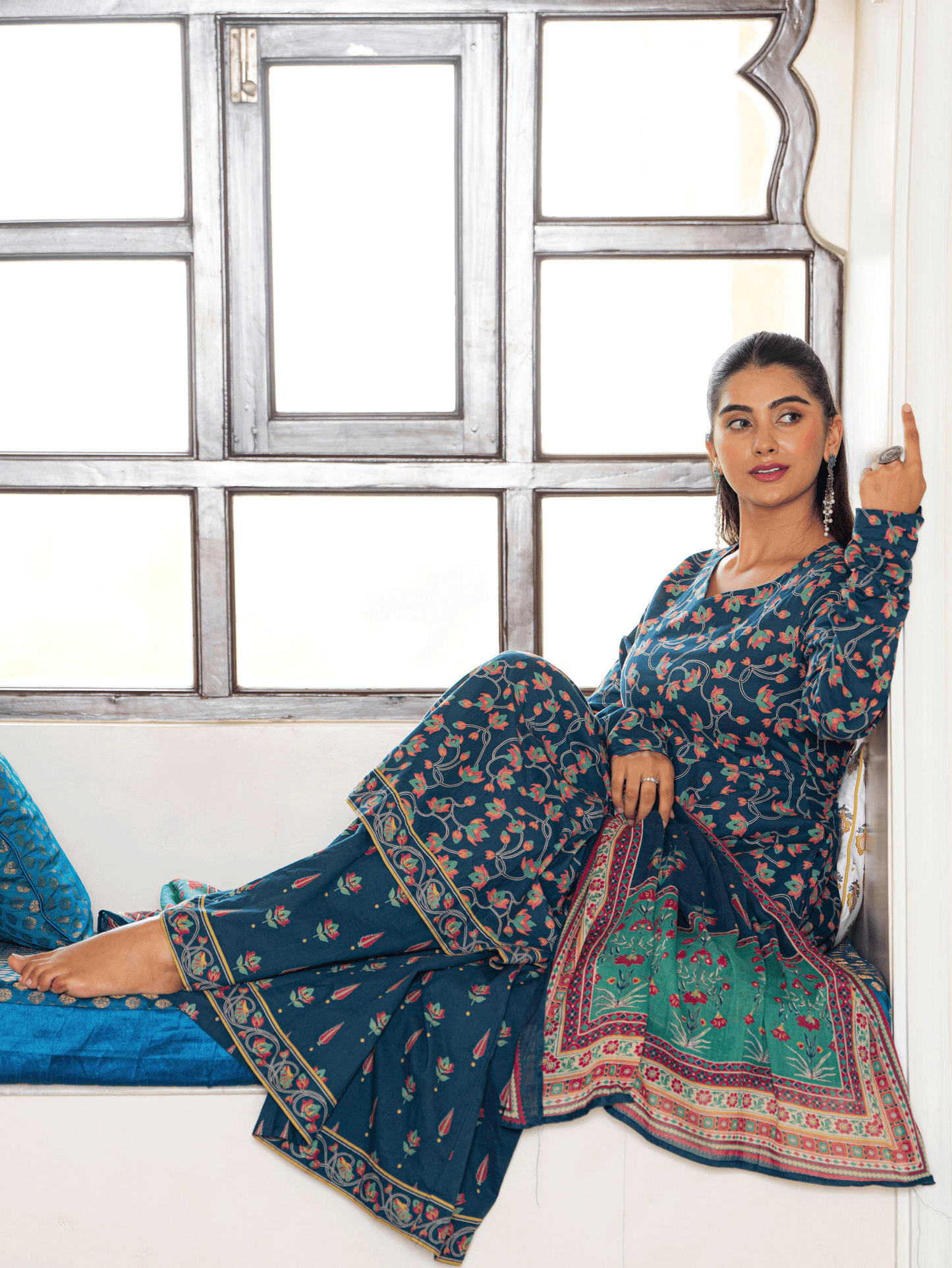Soft Cotton Floral Anarkali Blue Kurta