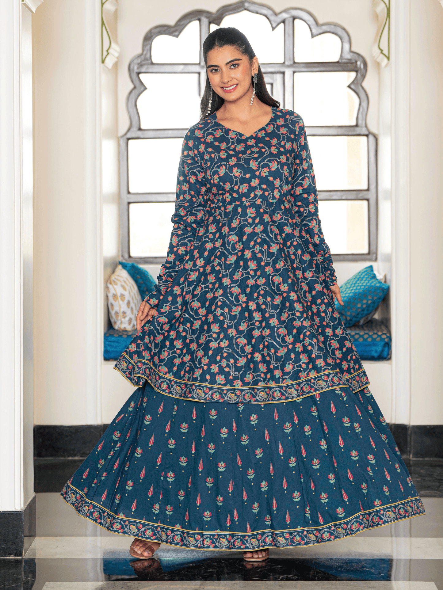 Soft Cotton Floral Anarkali Blue Kurta