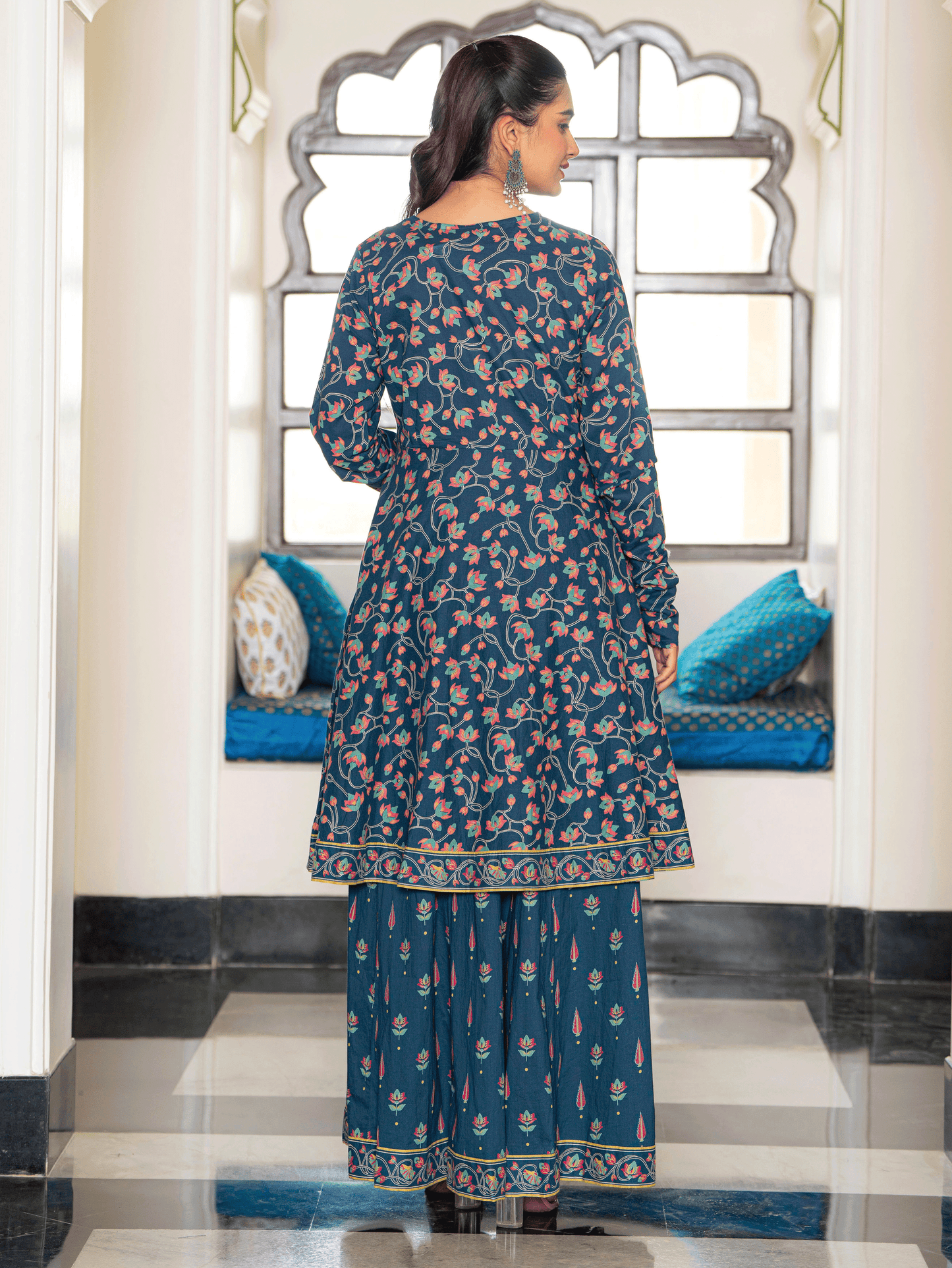 Soft Cotton Floral Anarkali Blue Kurta