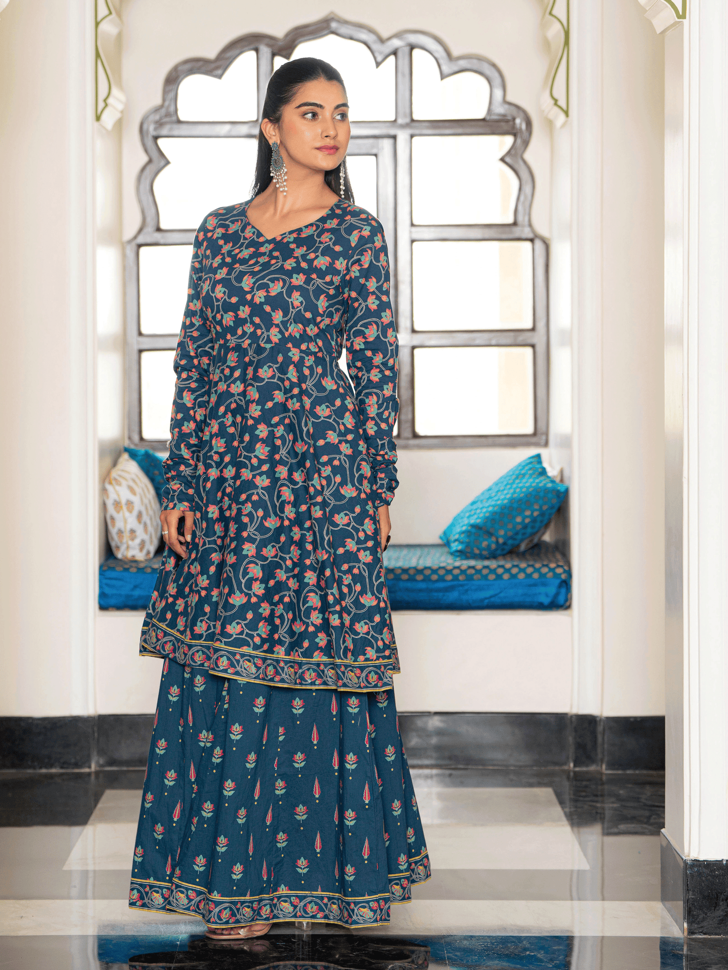 Soft Cotton Floral Anarkali Blue Kurta