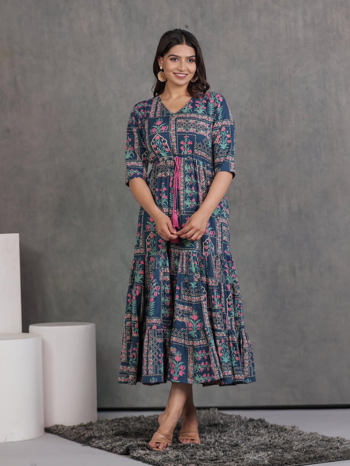 Soft Cotton Patchwork Anarkali Blue Dress