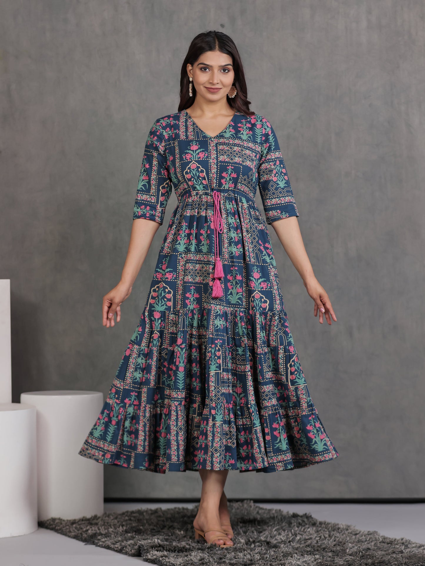 Soft Cotton Patchwork Anarkali Blue Dress