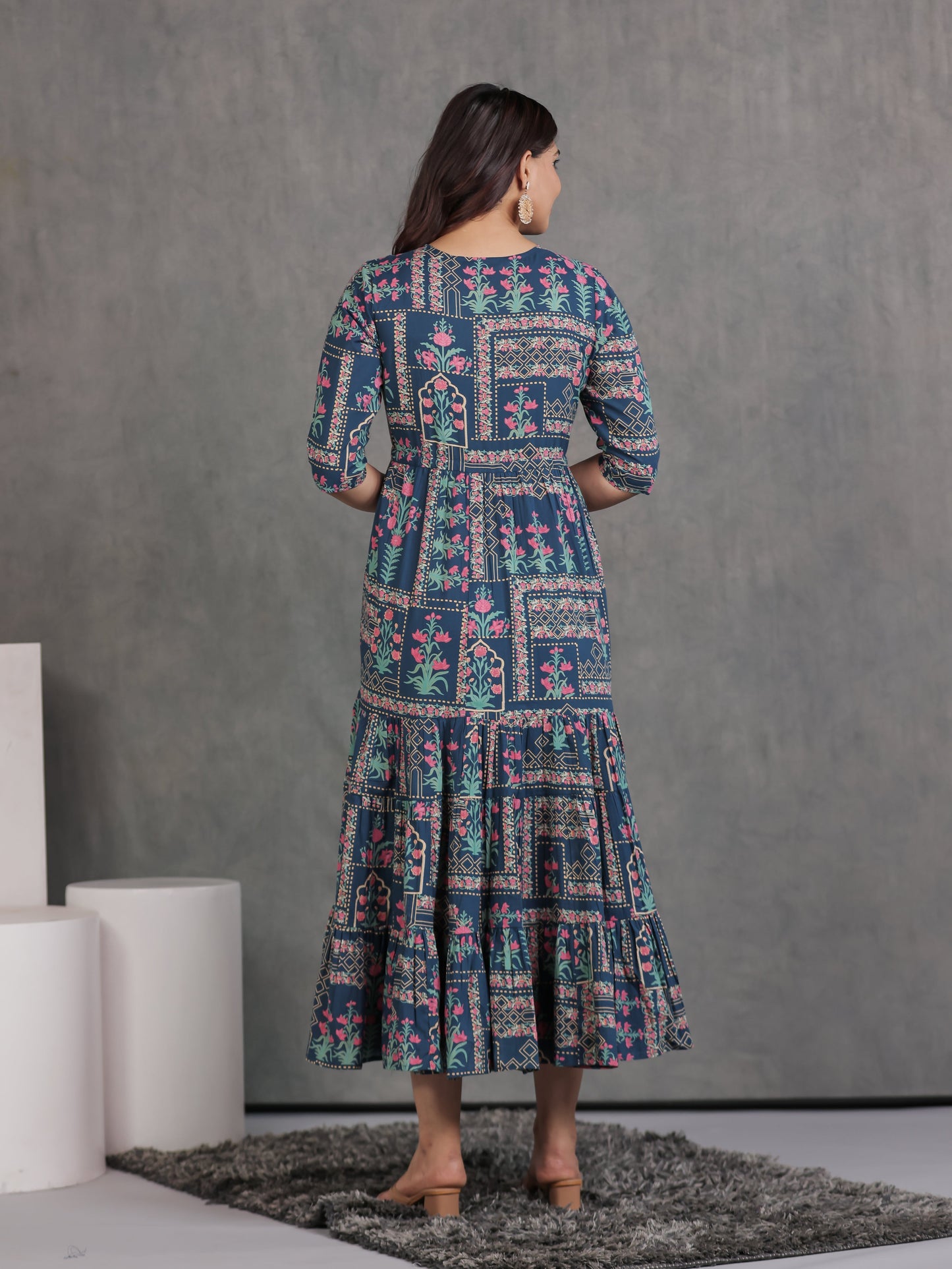 Soft Cotton Patchwork Anarkali Blue Dress