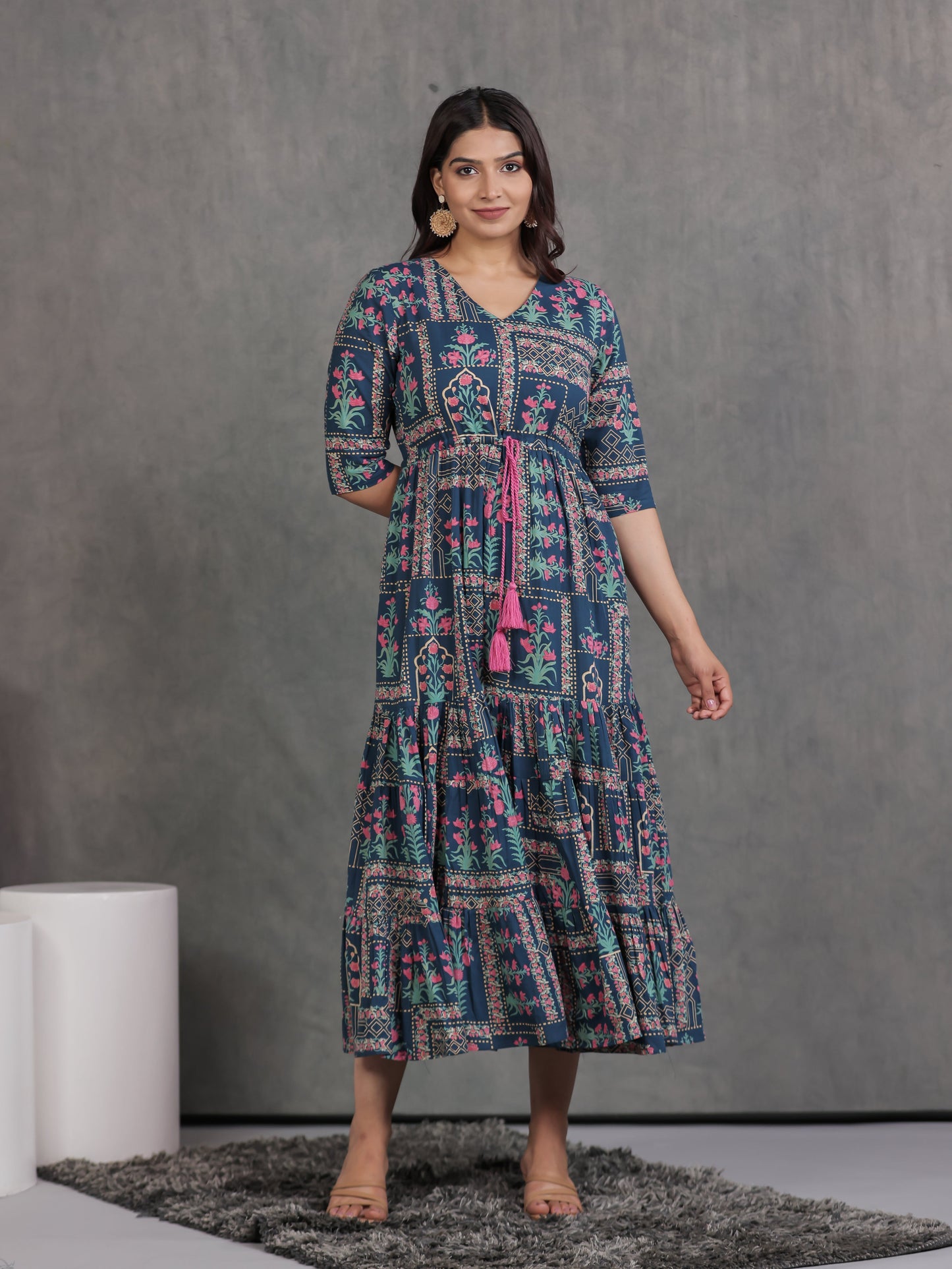 Soft Cotton Patchwork Anarkali Blue Dress