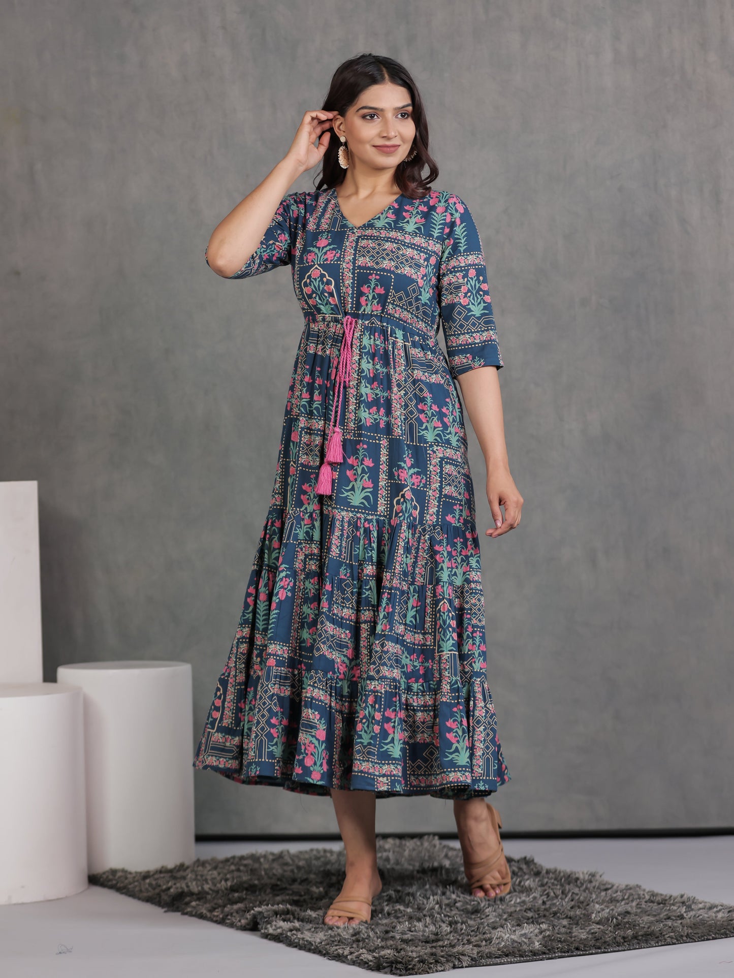 Soft Cotton Patchwork Anarkali Blue Dress