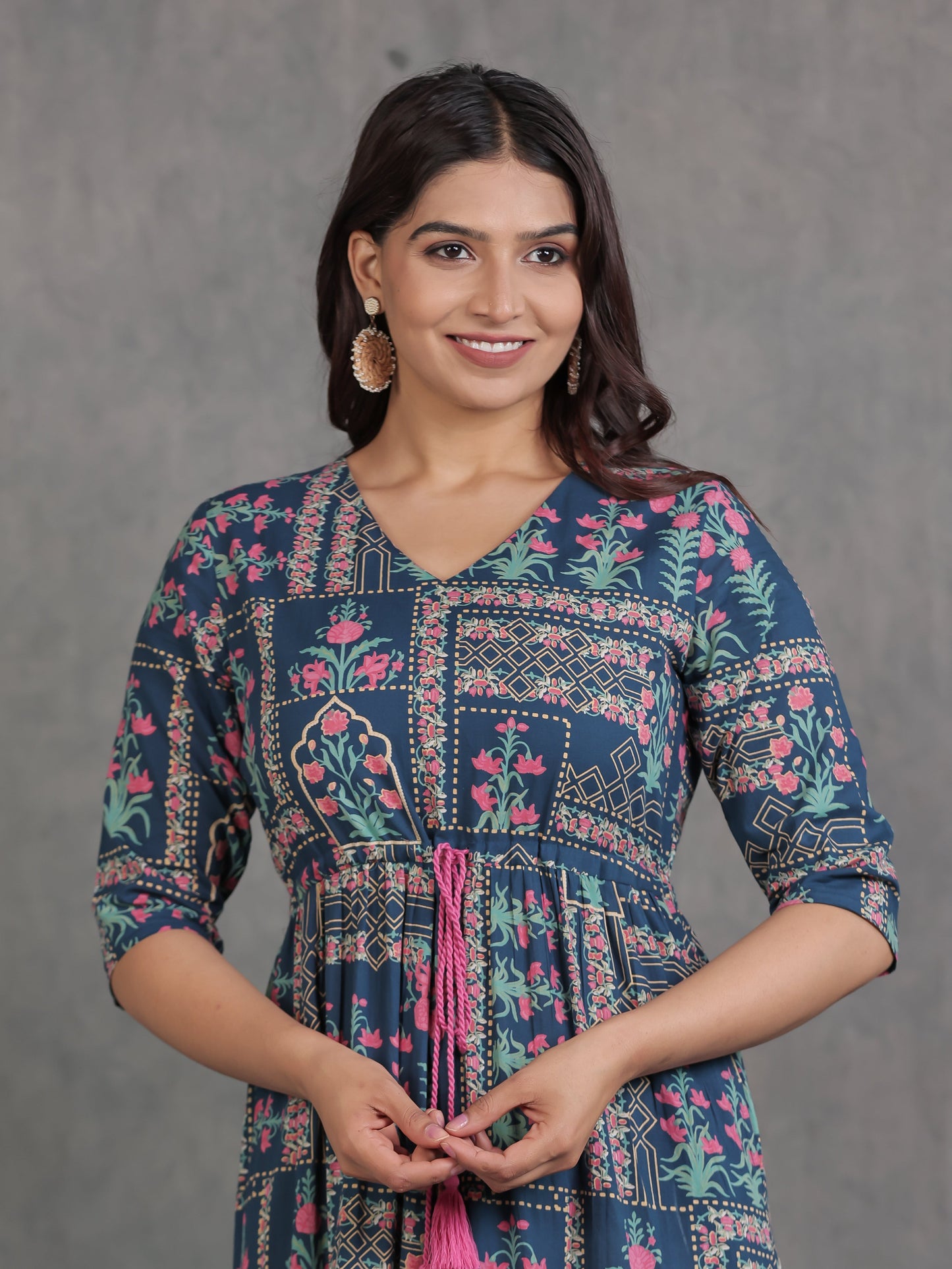 Soft Cotton Patchwork Anarkali Blue Dress