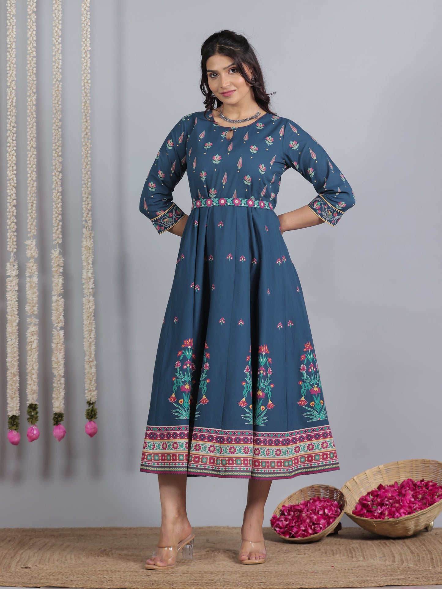 Embroidered Soft Cotton Floral Anarkali Blue Dress