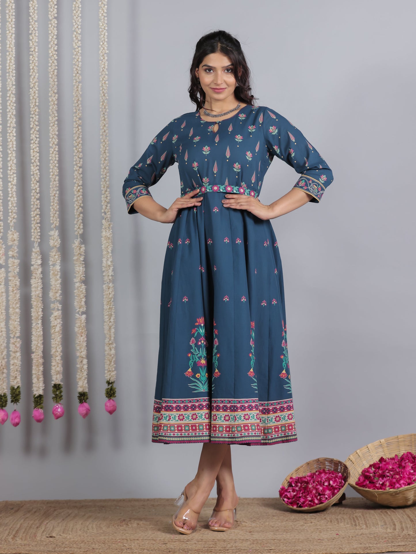 Embroidered Soft Cotton Floral Anarkali Blue Dress