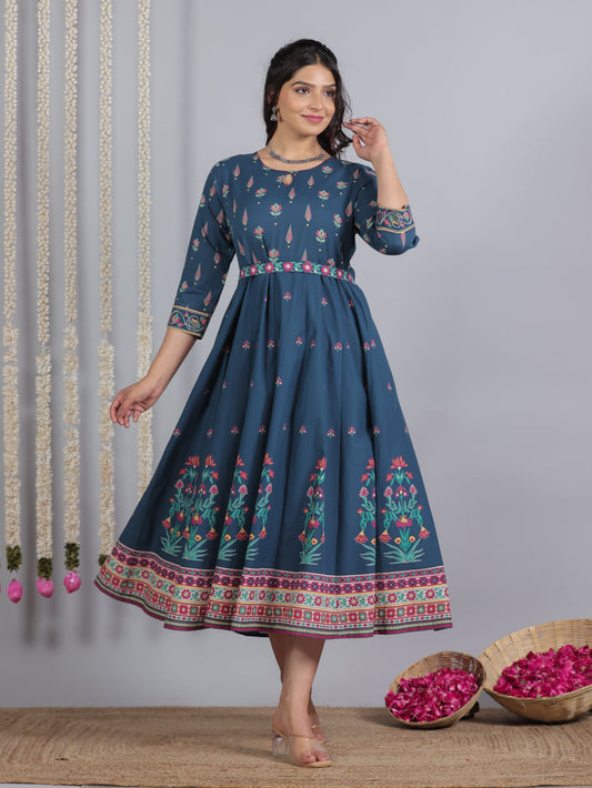 Embroidered Soft Cotton Floral Anarkali Blue Dress