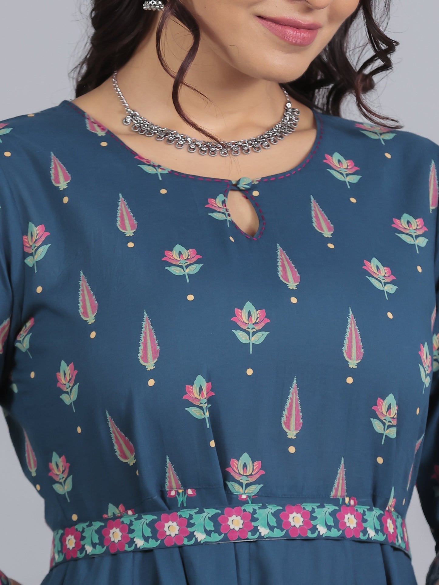 Embroidered Soft Cotton Floral Anarkali Blue Dress