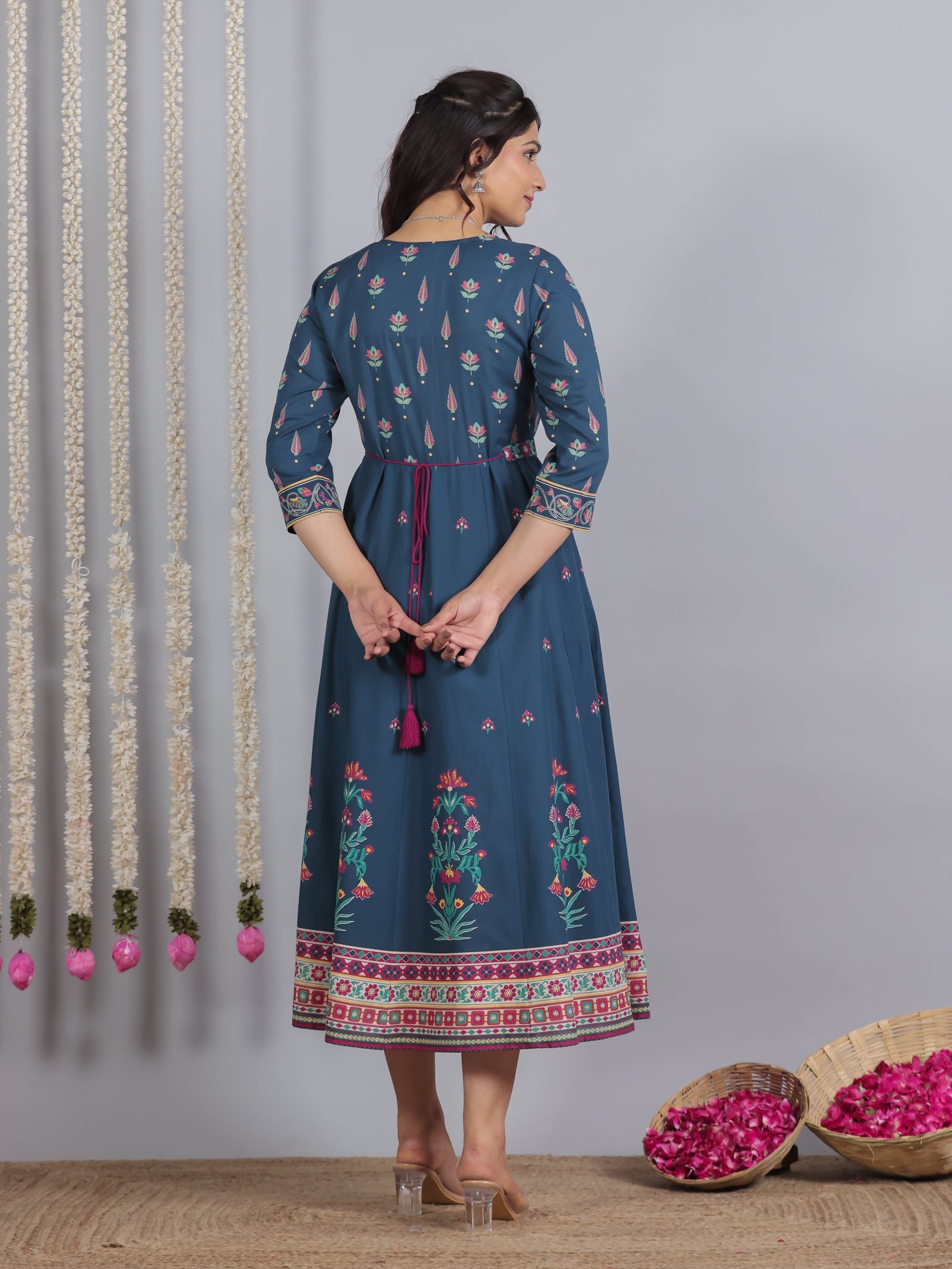 Embroidered Soft Cotton Floral Anarkali Blue Dress