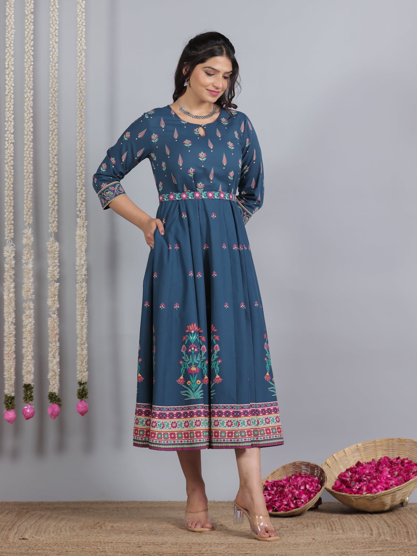 Embroidered Soft Cotton Floral Anarkali Blue Dress