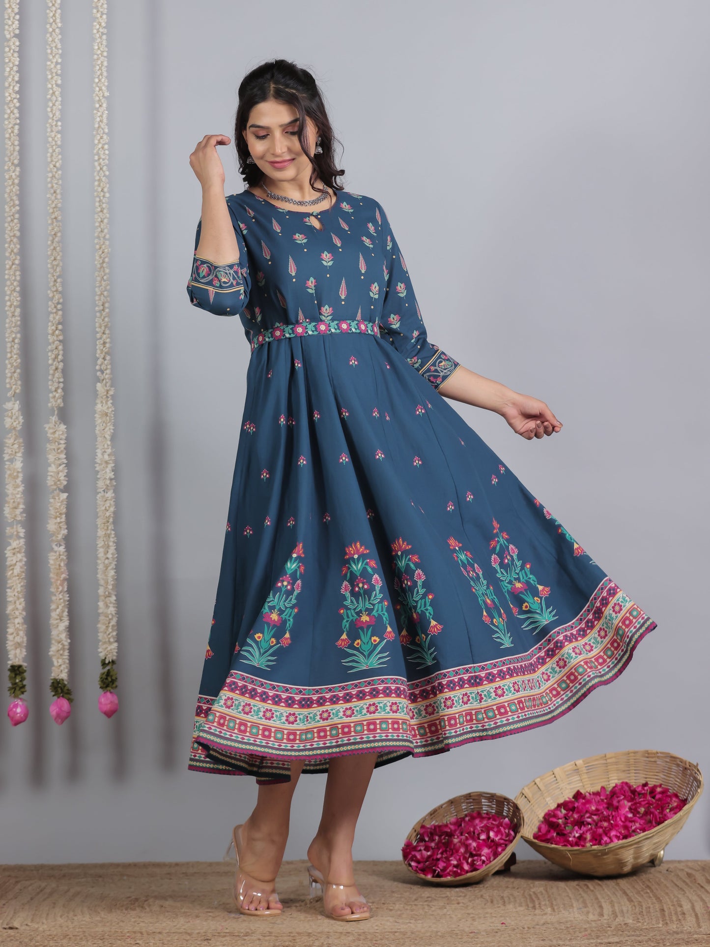 Embroidered Soft Cotton Floral Anarkali Blue Dress