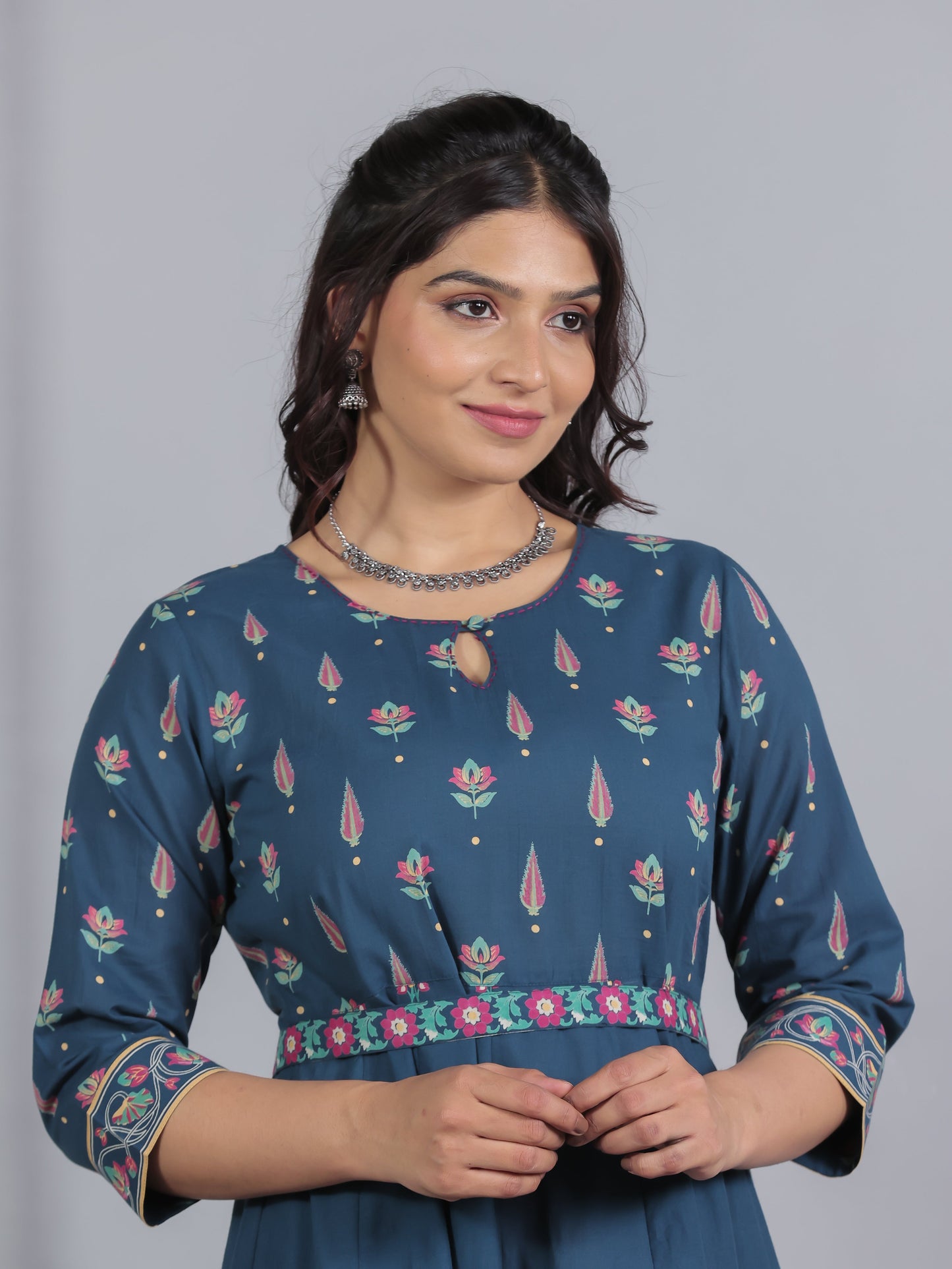Embroidered Soft Cotton Floral Anarkali Blue Dress