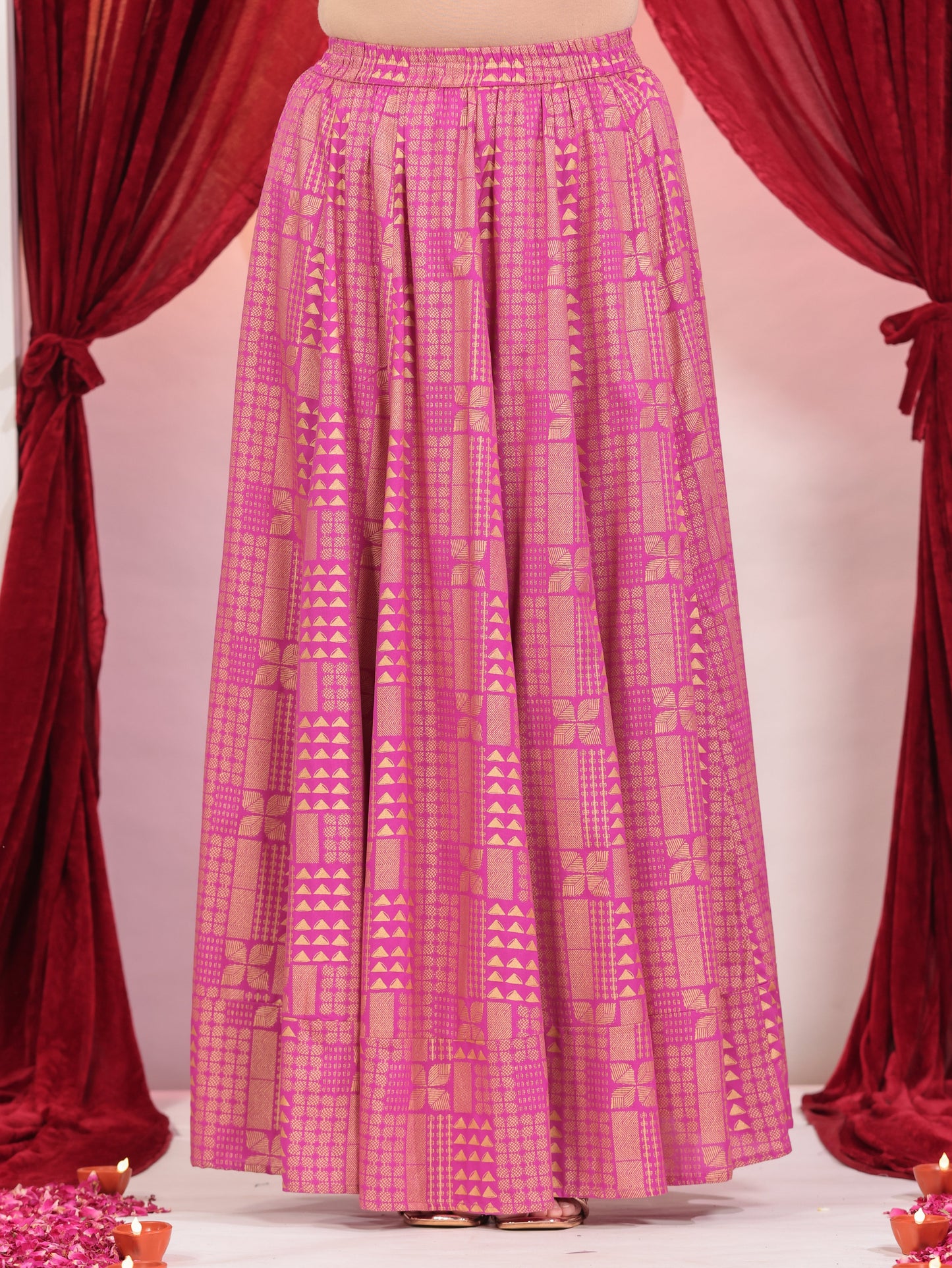 Viscose Gold foil Pink Skirt