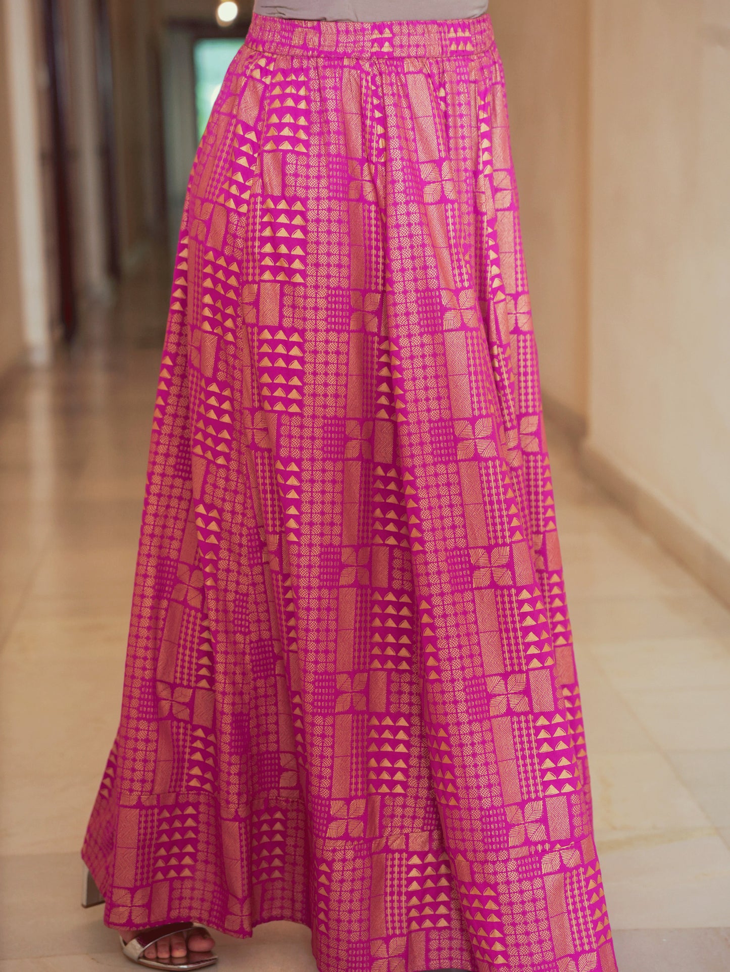 Viscose Gold foil Pink Skirt